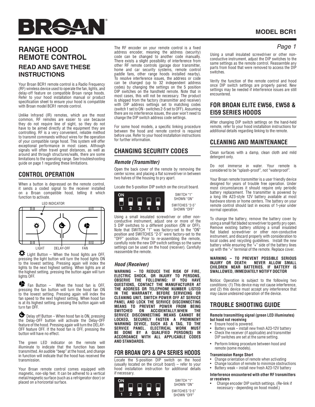 Broan installation manual Model BCR1, Read and Save These Instructions, Control Operation, Changing Security Codes 