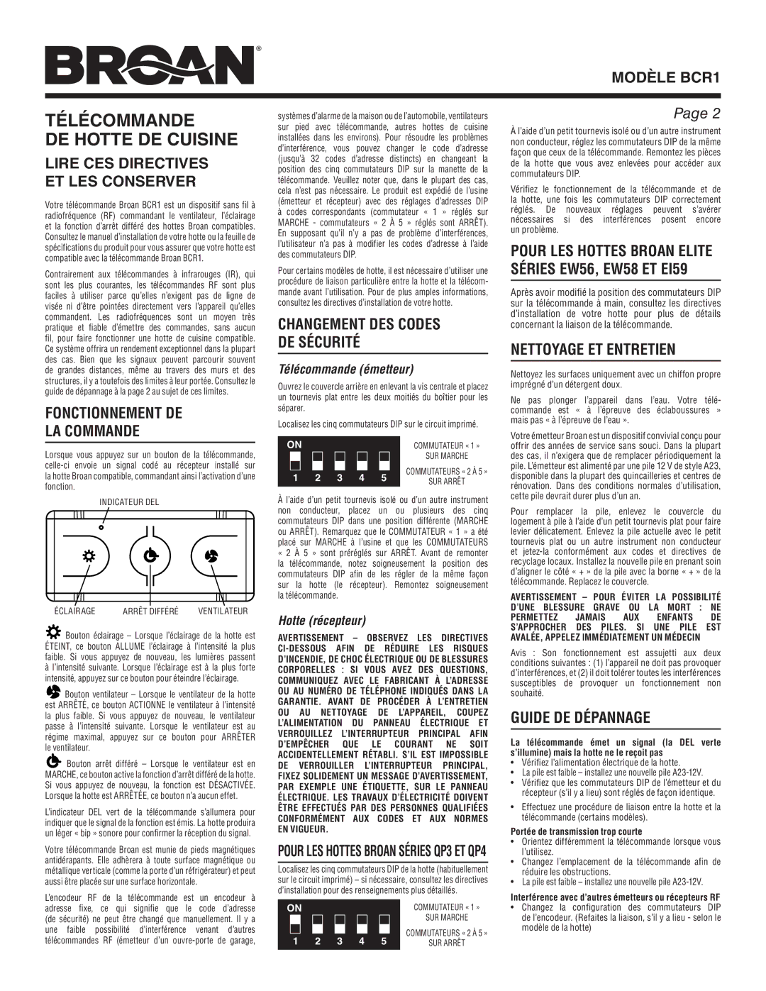 Broan Modèle BCR1, Lire CES Directives ET LES Conserver, Fonctionnement DE LA Commande, Nettoyage ET Entretien 