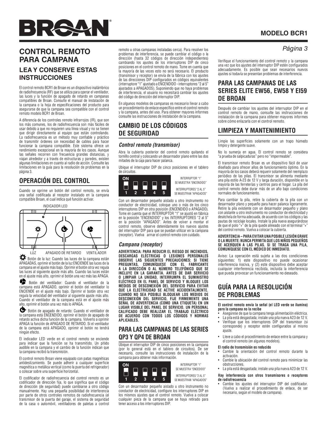 Broan Modelo BCR1, LEA Y Conserve Estas Instrucciones, Operación DEL Control, DE Broan, Limpieza Y Mantenimiento 