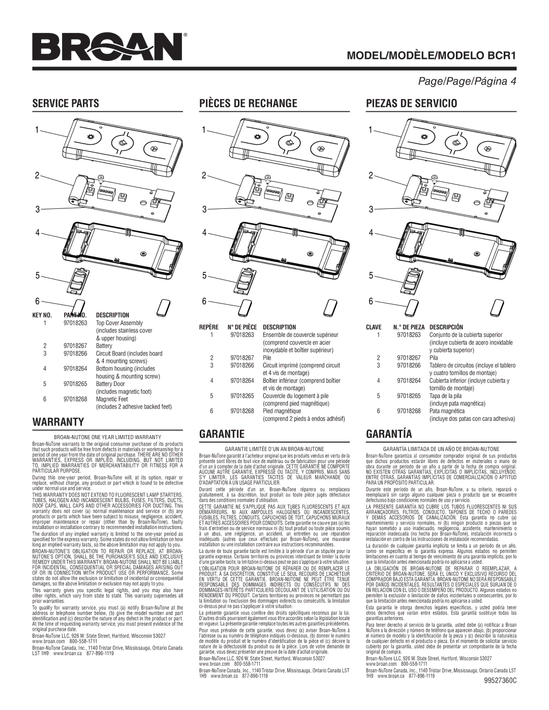 Broan MODEL/MODÈLE/MODELO BCR1 Service Parts, Warranty, Pièces DE Rechange, Garantie, Piezas DE Servicio, Garantía 