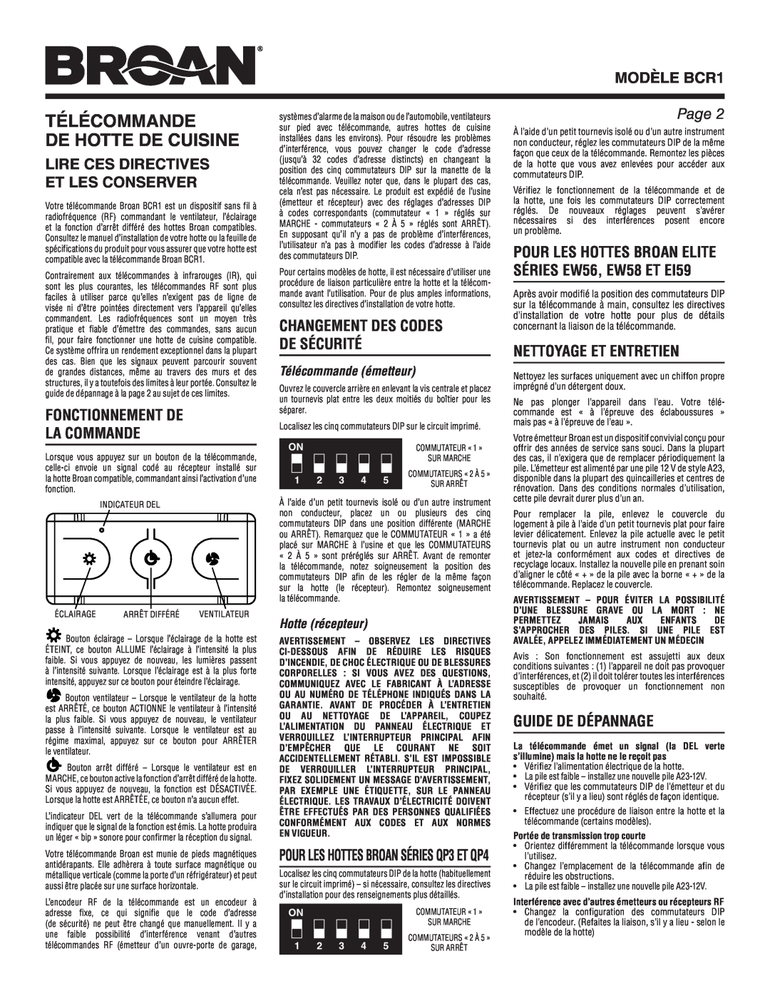 Broan MODÈLE BCR1, Lire Ces Directives Et Les Conserver, Fonctionnement De La Commande, Nettoyage Et Entretien, Page 