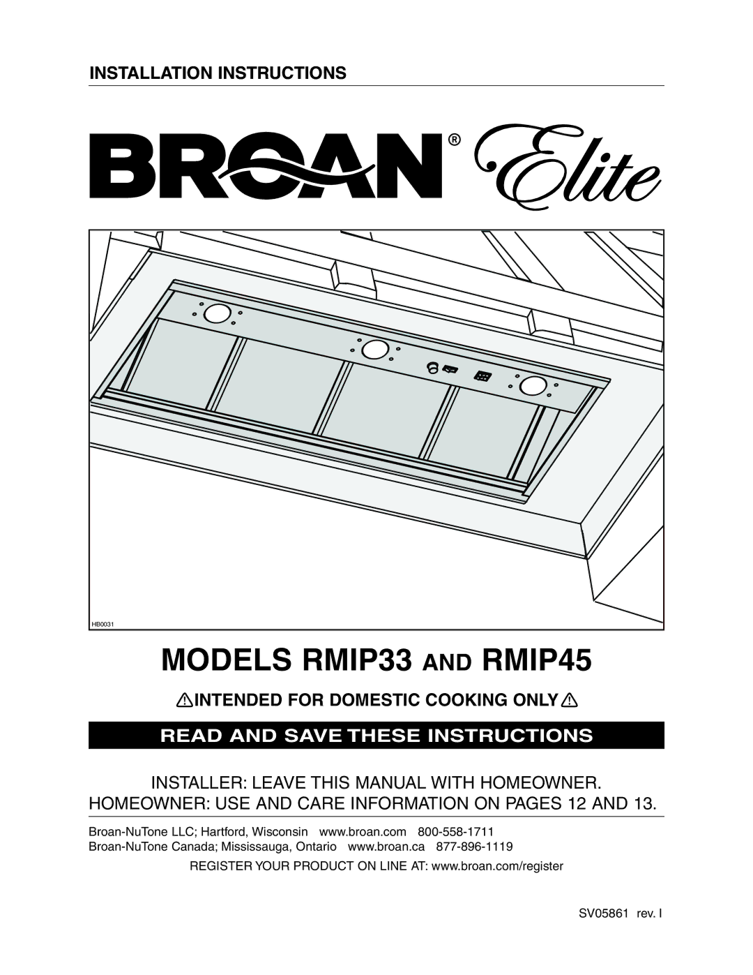 Broan Broam Elite Range Hood installation instructions Models RMIP33 and RMIP45 