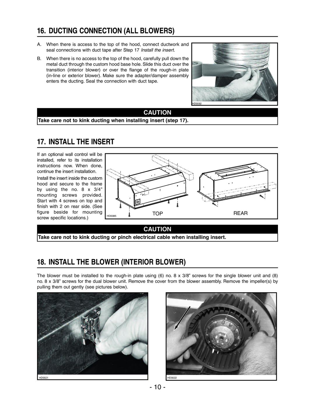 Broan Broam Elite Range Hood Ducting Connection ALL Blowers, Install the Insert, Install the Blower Interior Blower 