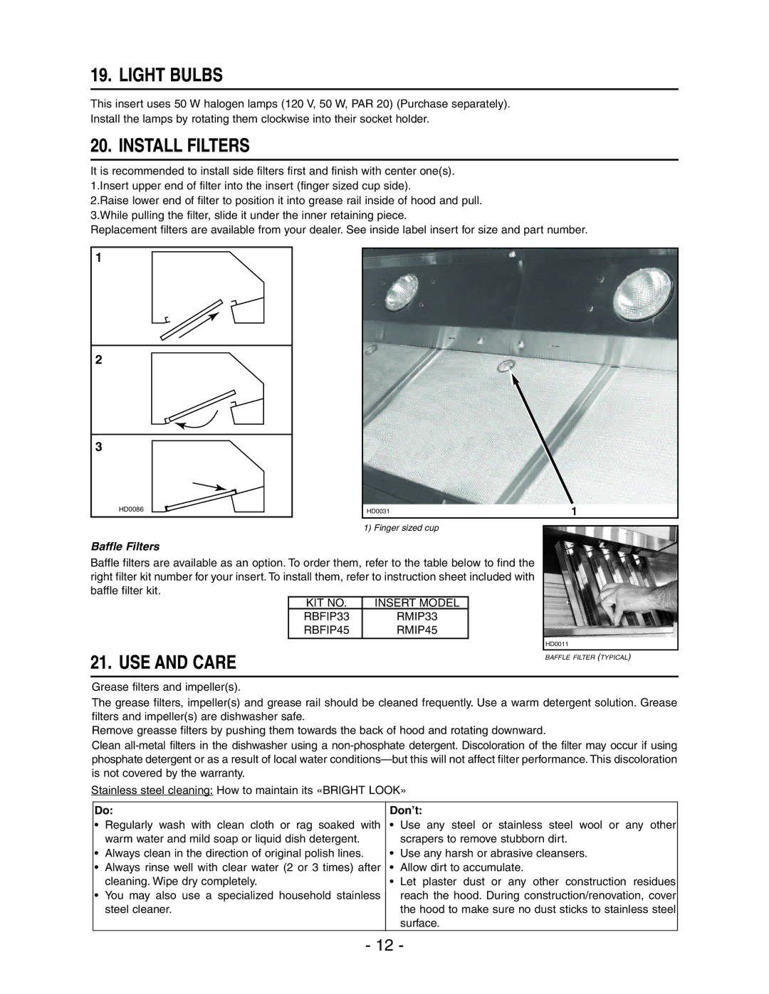 Broan Broam Elite Range Hood installation instructions Light Bulbs, Install Filters, USE and Care 