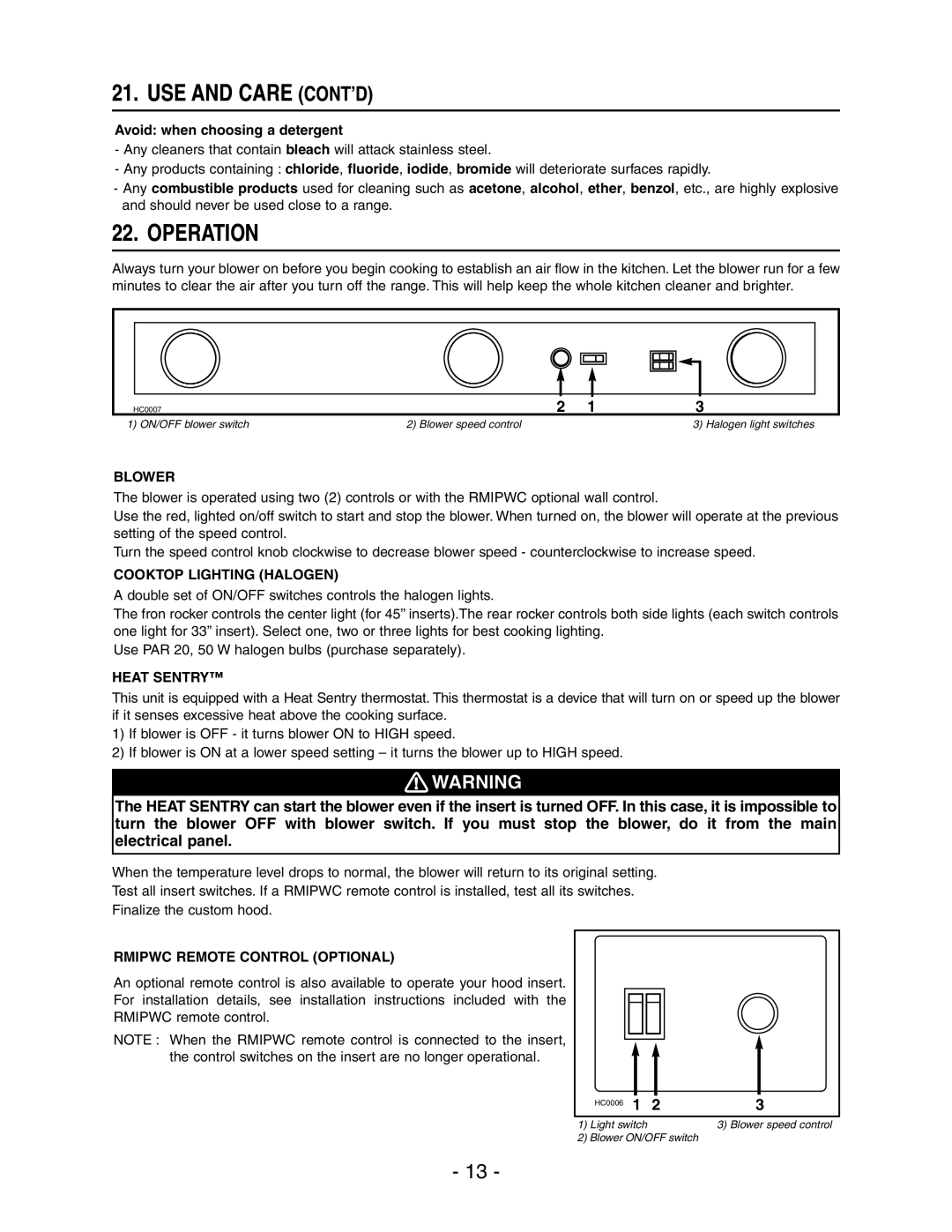 Broan Broam Elite Range Hood installation instructions USE and Care CONT’D, Operation 