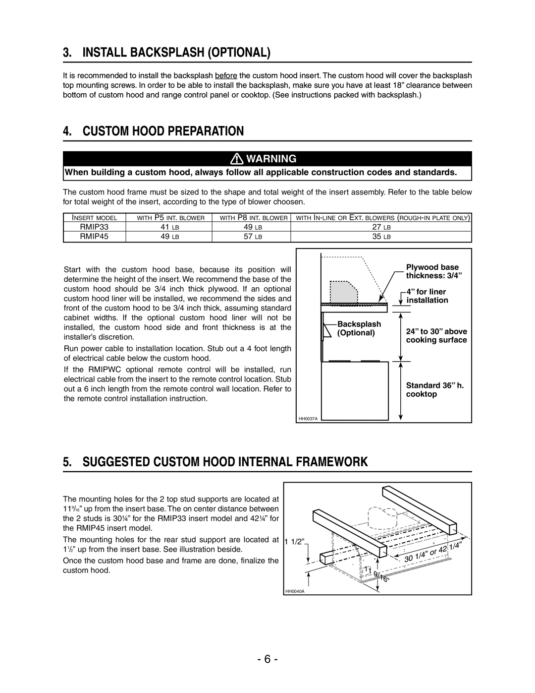 Broan Broam Elite Range Hood installation instructions Install Backsplash Optional, Custom Hood Preparation 