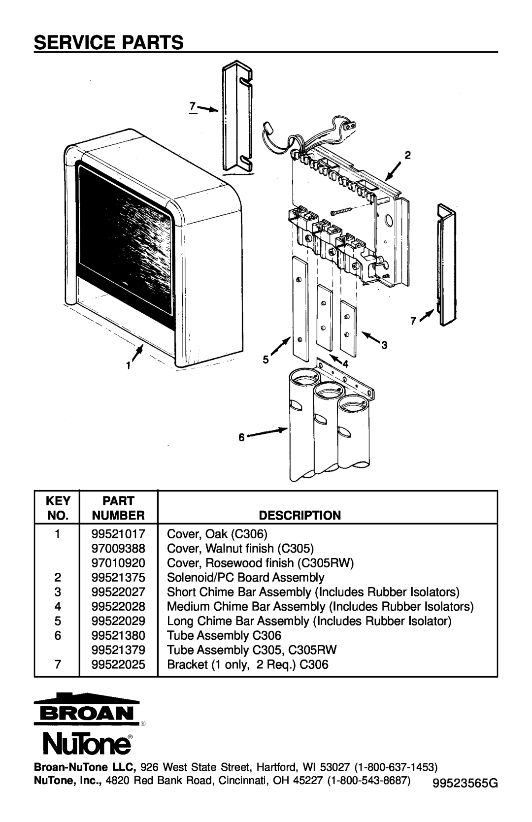 Broan C305RW, C306 manual Service Parts, Number, Description 