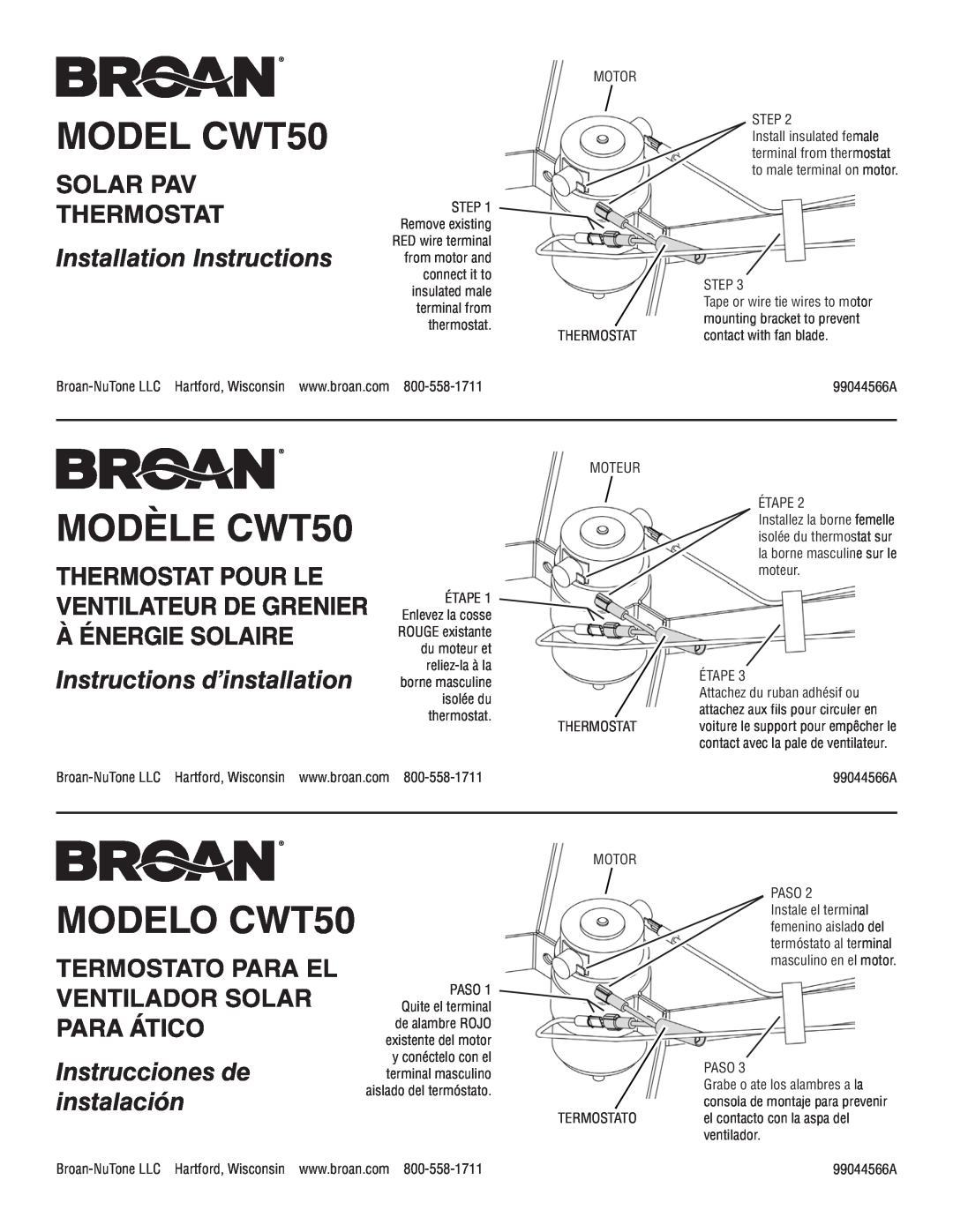 Broan installation instructions MODEL CWT50, MODÈLE CWT50, MODELO CWT50, Solar Pav Thermostat, Termostato Para El 