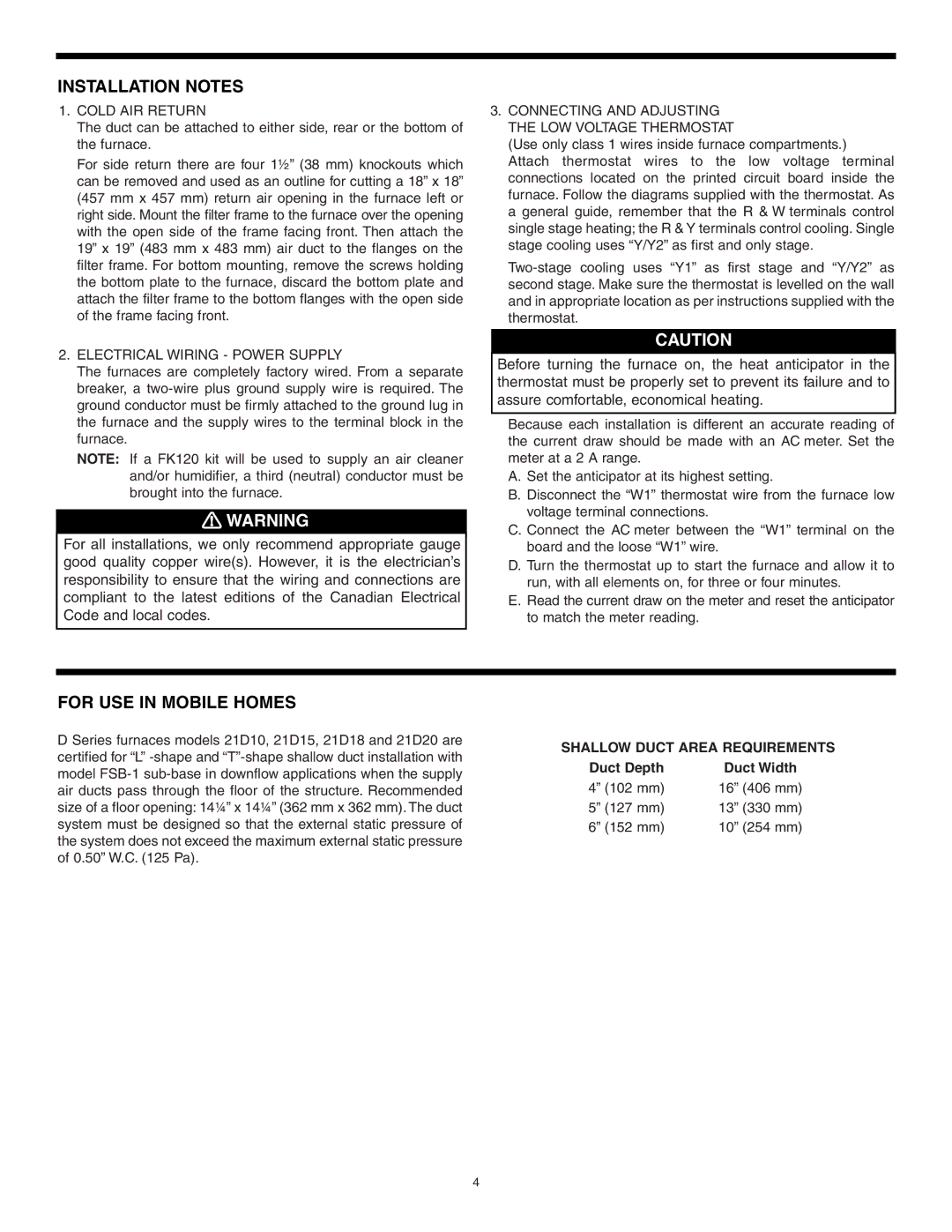 Broan 30042432A, D SERIES ELECTRIC FURNACE Installation Notes, For USE in Mobile Homes, Shallow Duct Area Requirements 