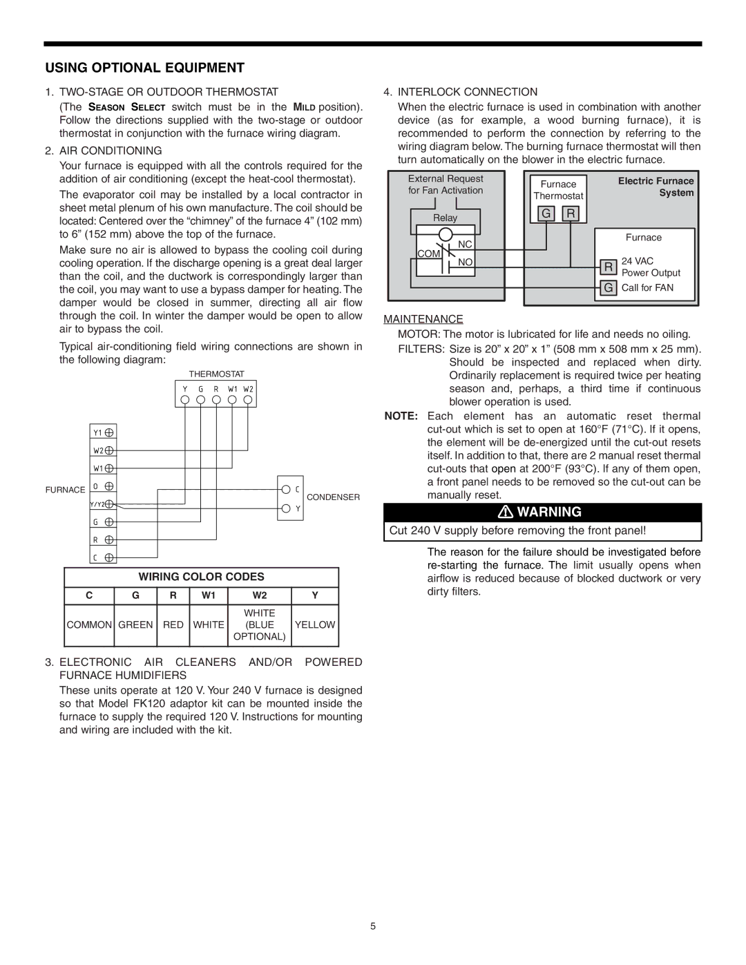 Broan D SERIES ELECTRIC FURNACE, 30042432A warranty Using Optional Equipment, Wiring Color Codes 