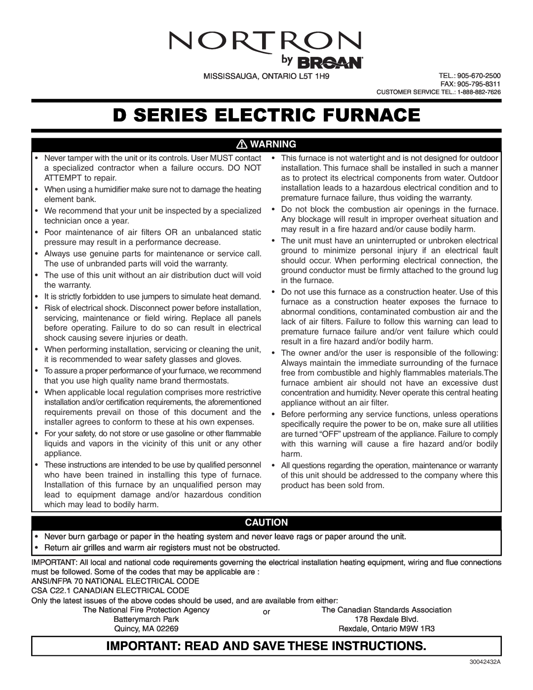 Broan D SERIES ELECTRIC FURNACE, 30042432A warranty D Series Electric Furnace, Important Read And Save These Instructions 