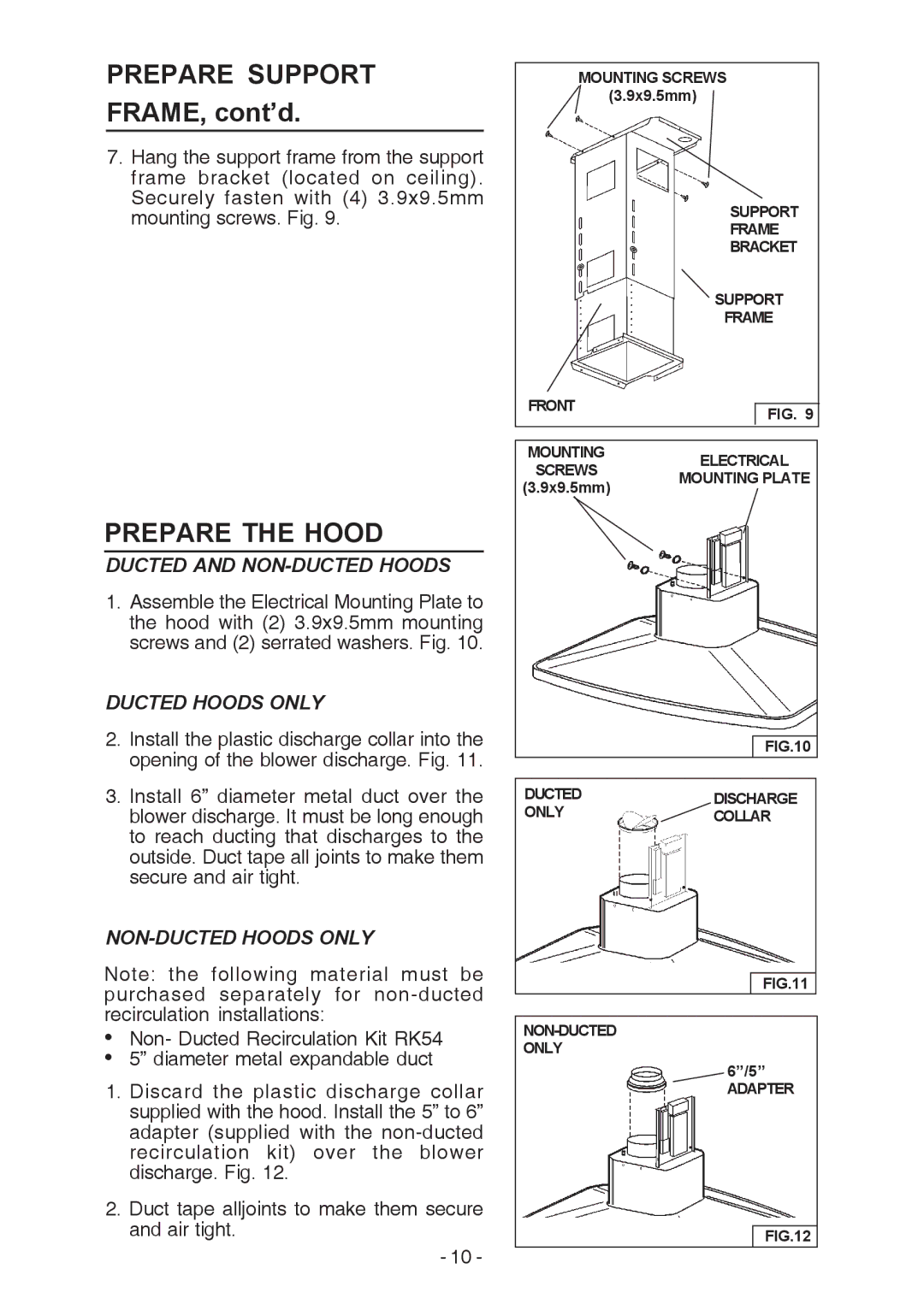 Broan E54000 manual Prepare Support, FRAME, cont’d, Ducted and NON-DUCTED Hoods, NON-DUCTED Hoods only 