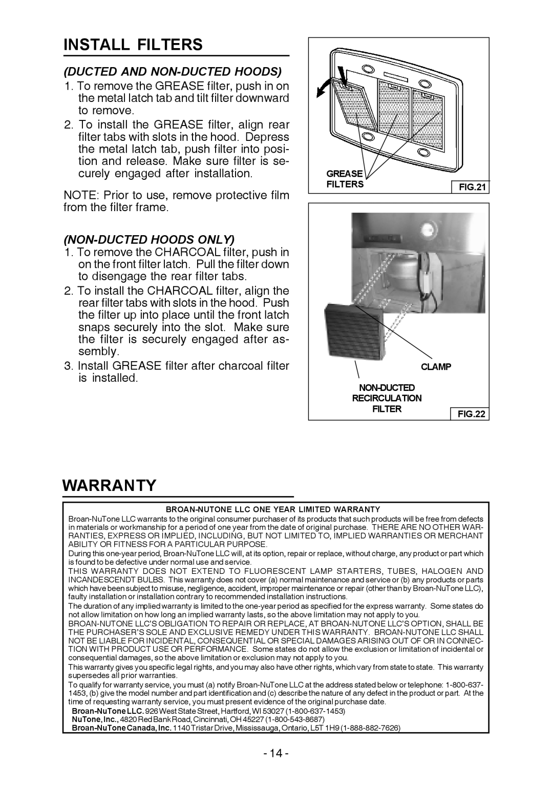 Broan E54000 manual Install Filters, Warranty 