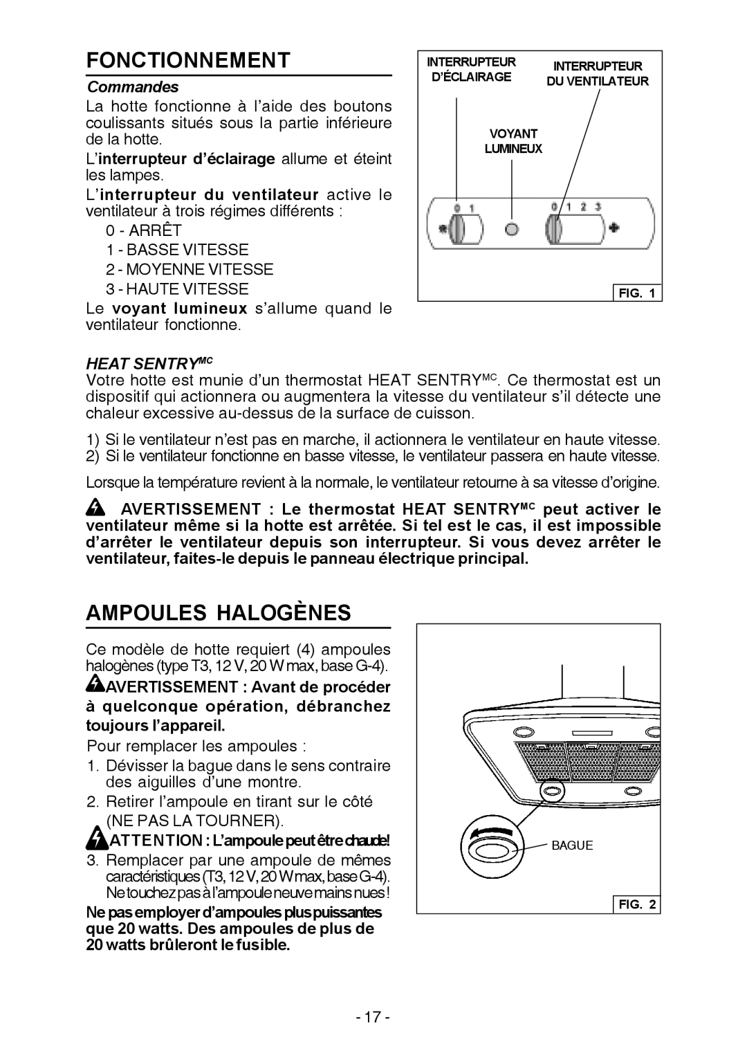 Broan E54000 manual Fonctionnement, Ampoules Halogènes, Commandes, Heat Sentrymc 