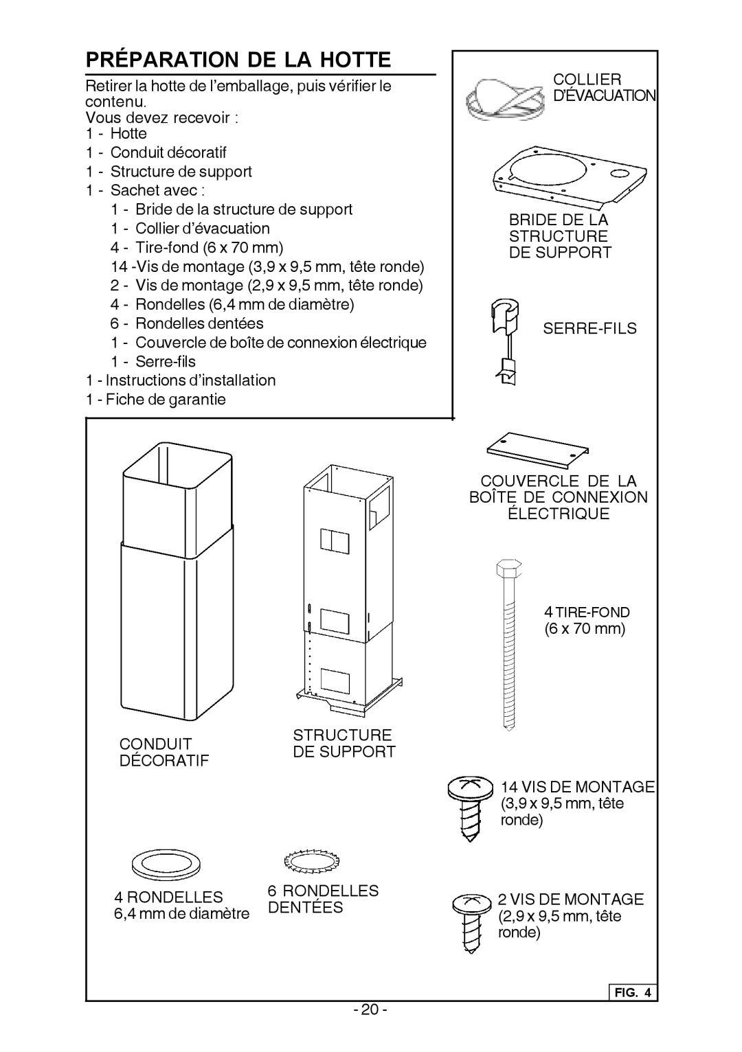 Broan E54000 manual Préparation DE LA Hotte 