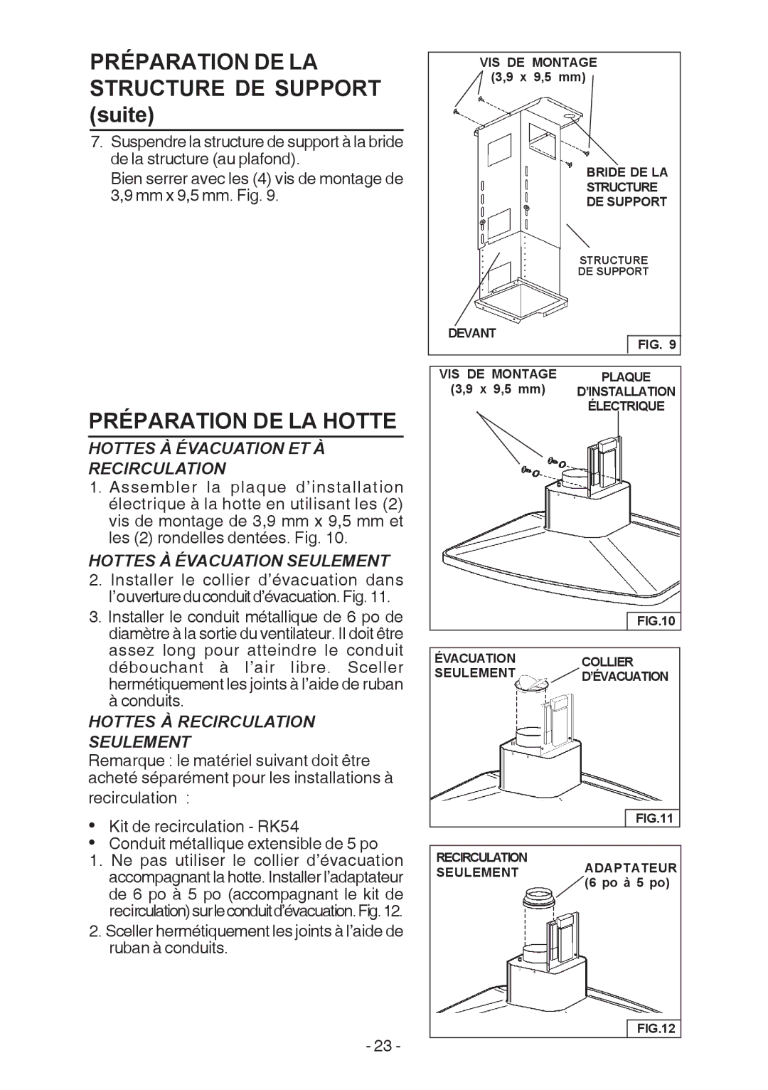 Broan E54000 manual Préparation DE LA Structure DE Support suite, Hottes À Évacuation ET À Recirculation 