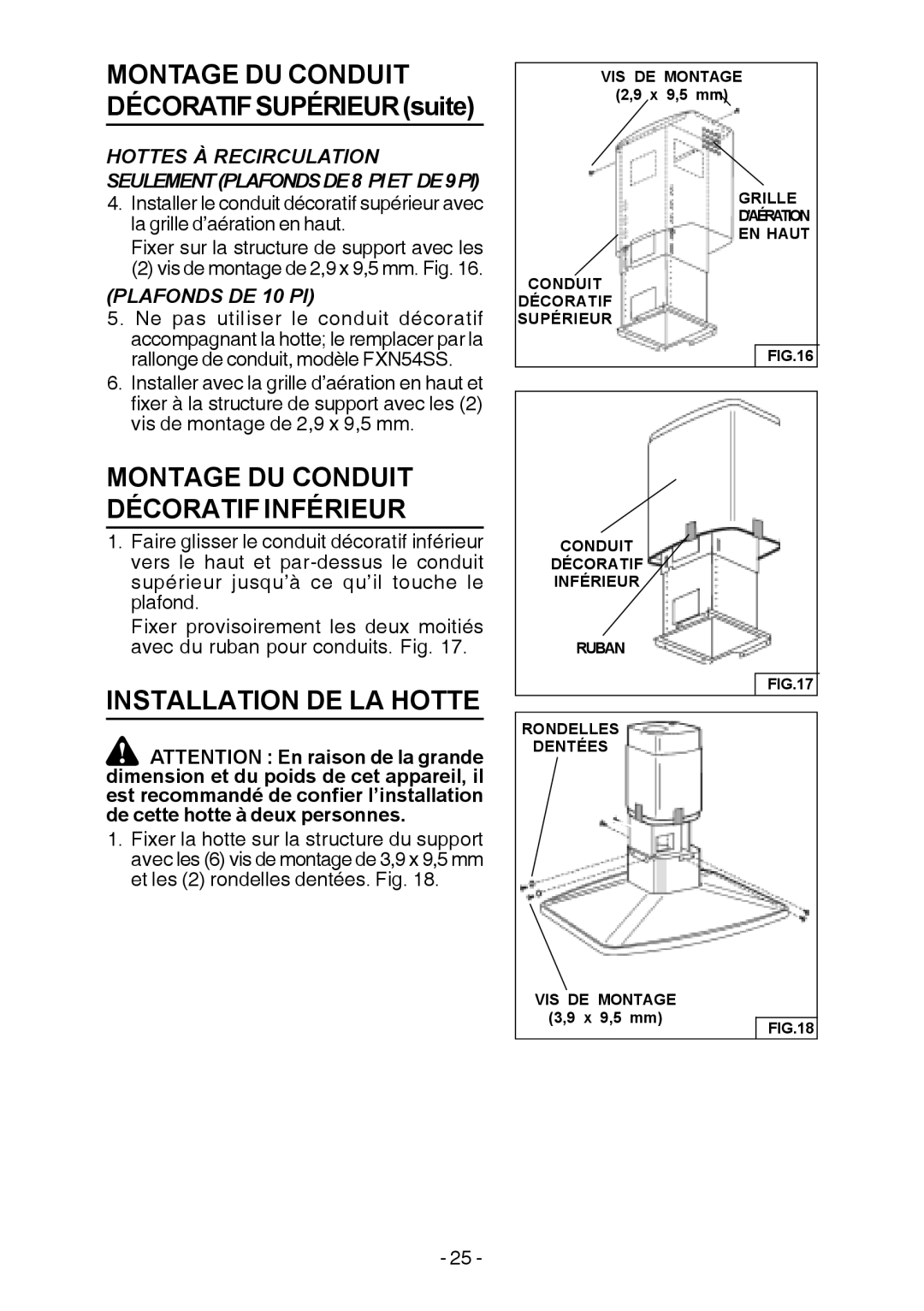 Broan E54000 manual Décoratif Supérieur suite, Montage DU Conduit Décoratif Inférieur, Installation DE LA Hotte 