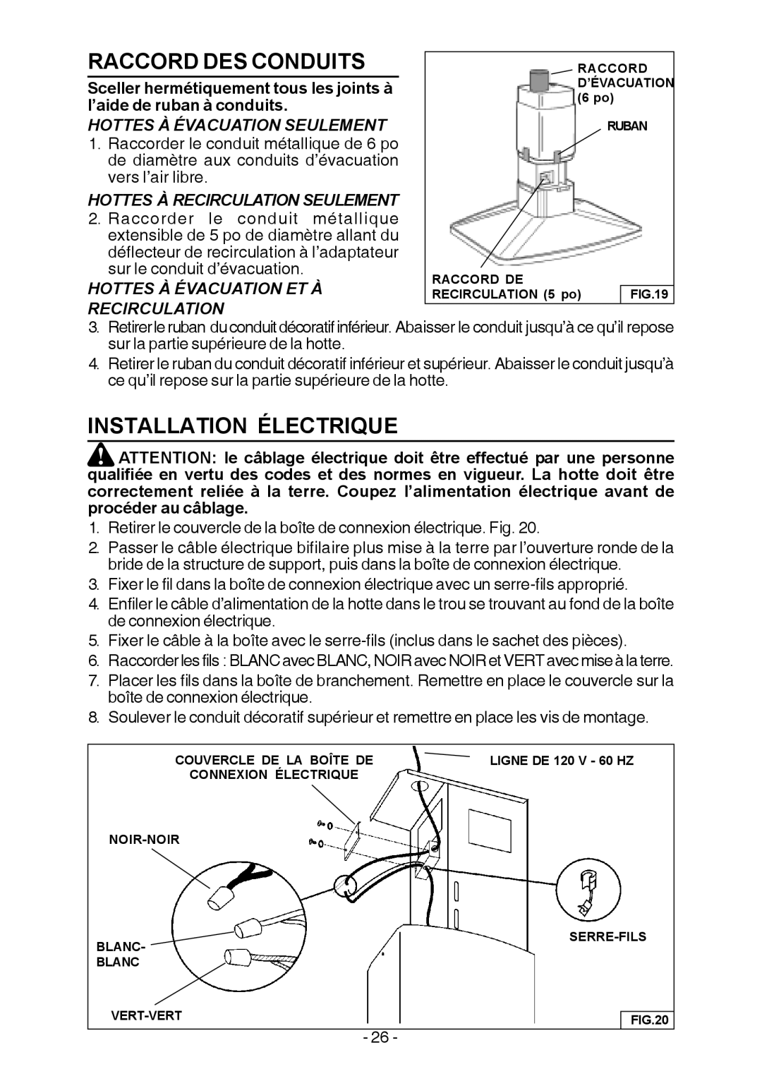 Broan E54000 manual Raccord DES Conduits, Installation Électrique 