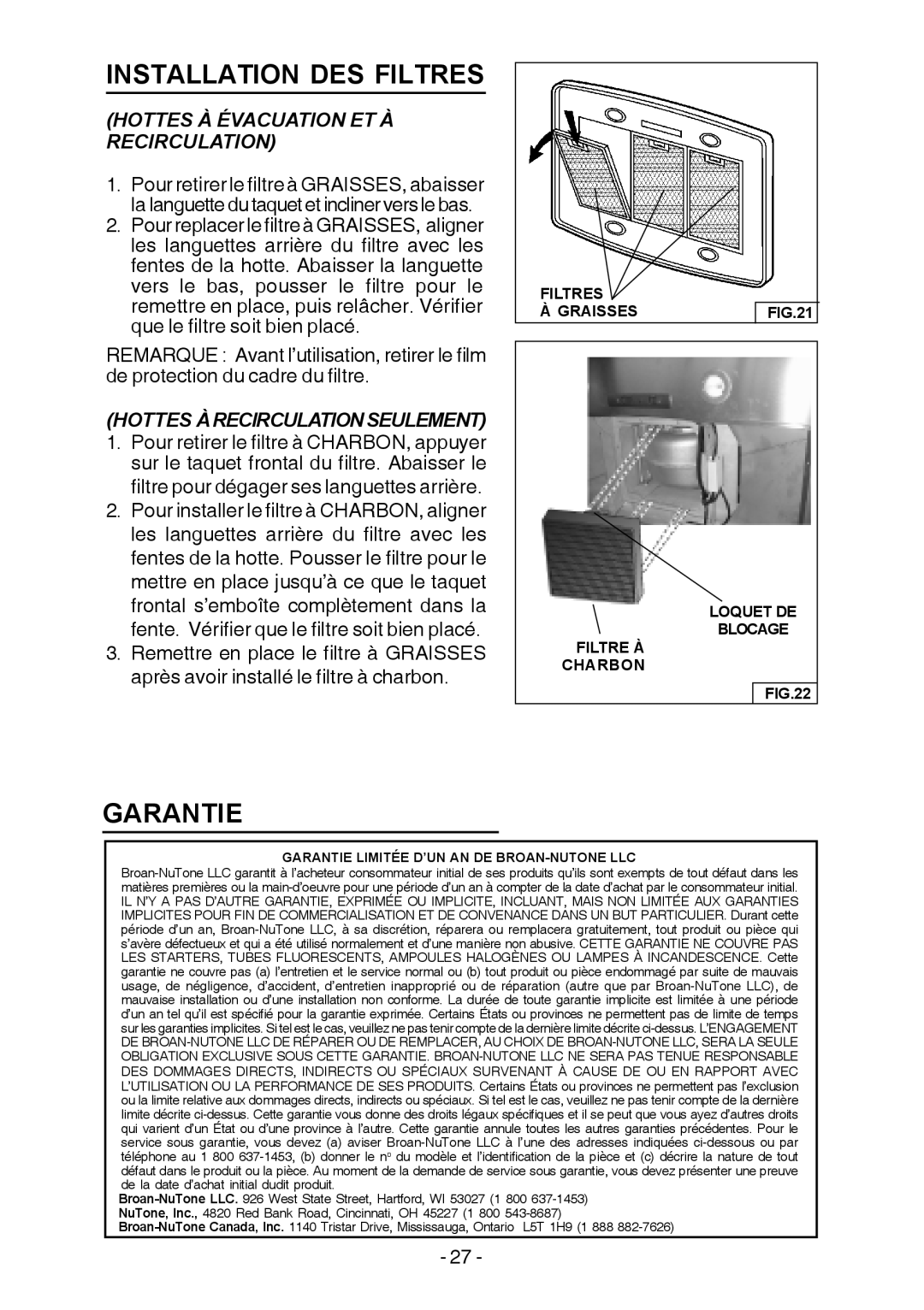 Broan E54000 manual Installation DES Filtres, Garantie, Hottes Àrecirculationseulement 