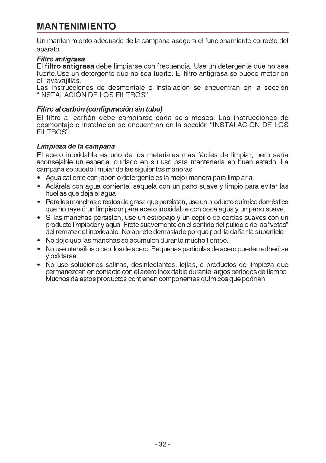 Broan E54000 manual Mantenimiento, Filtro antigrasa, Filtro al carbón configuración sin tubo, Limpieza de la campana 