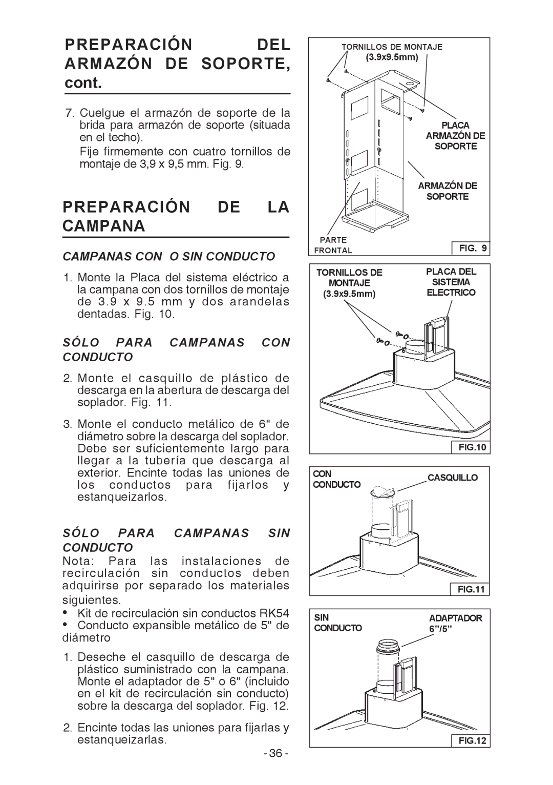 Broan E54000 manual Preparación DEL Armazón DE SOPORTE, Preparación DE LA Campana, Campanas CON O SIN Conducto 