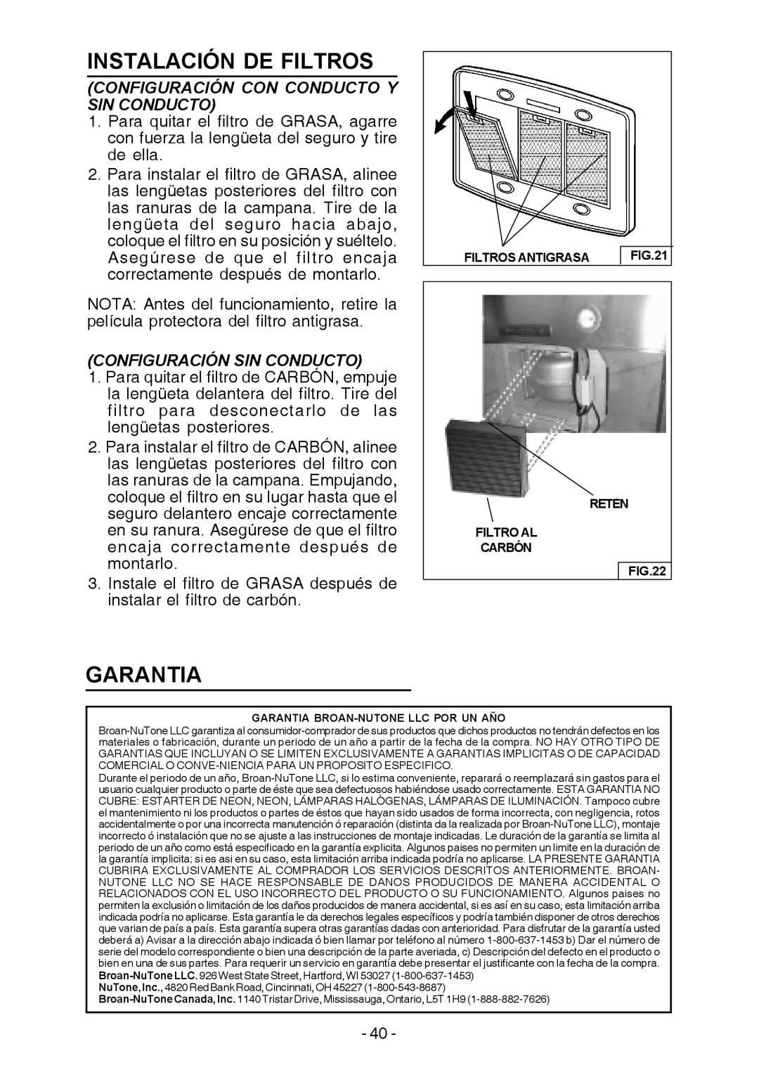 Broan E54000 manual Instalación DE Filtros, Garantia, Configuración CON Conducto Y SIN Conducto, Configuración SIN Conducto 