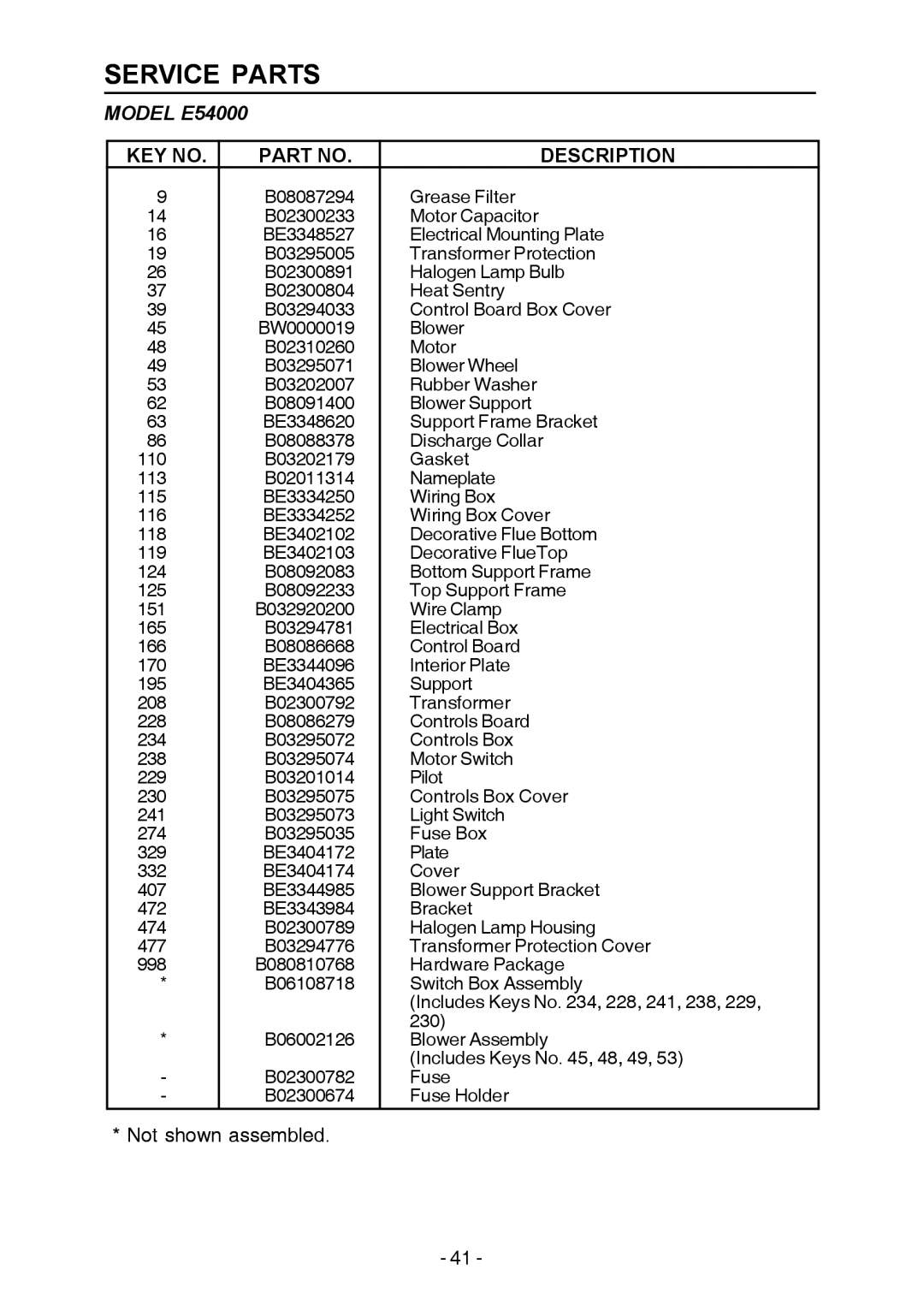 Broan manual Service Parts, Model E54000 