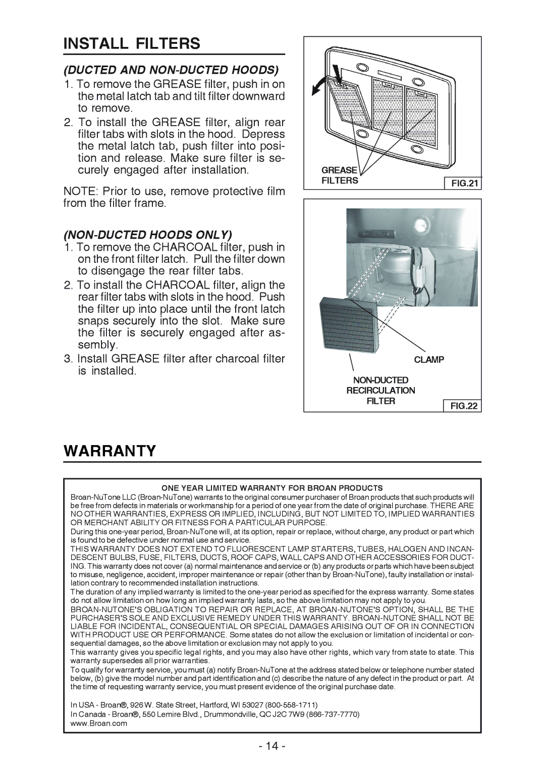 Broan E54000 manual Install Filters, Warranty 