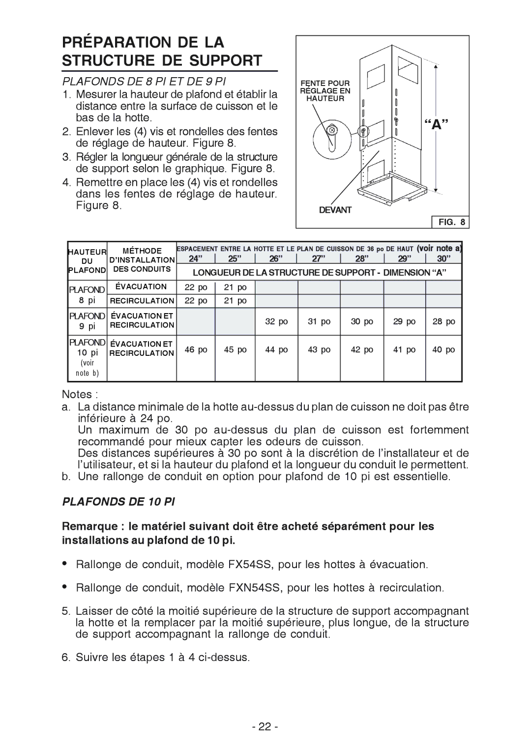 Broan E54000 manual Préparation DE LA Structure DE Support, Plafonds DE 10 PI 