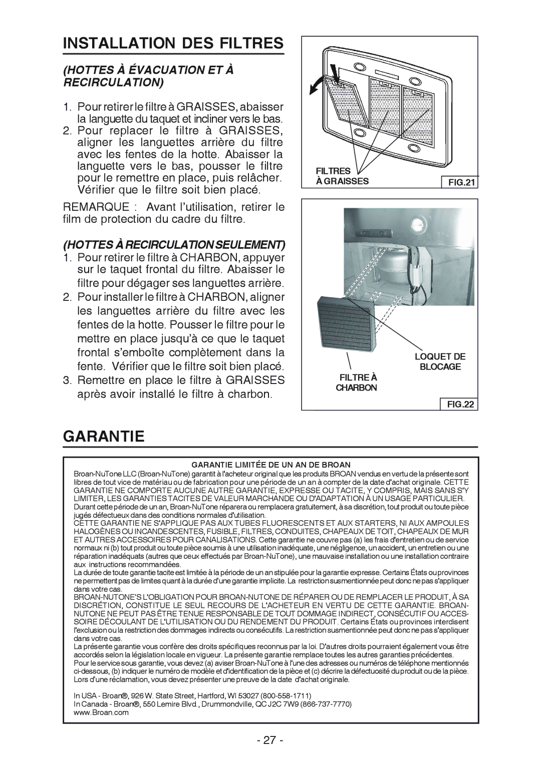 Broan E54000 manual Installation DES Filtres, Garantie, Hottes Àrecirculationseulement 