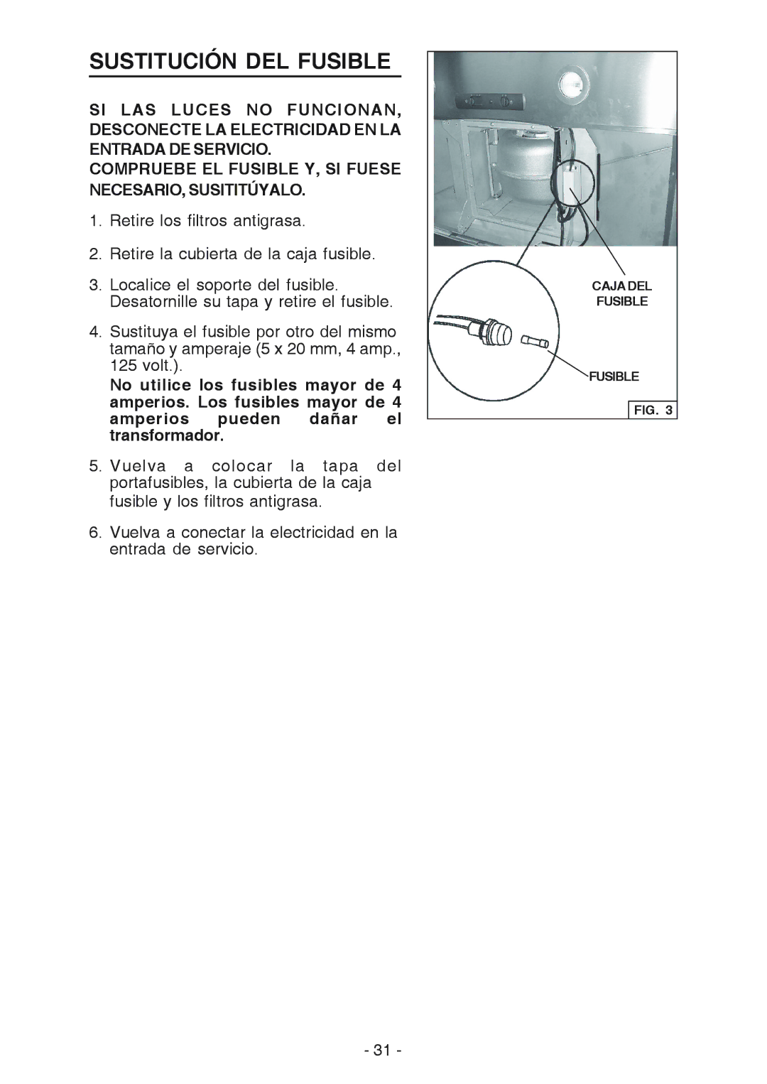 Broan E54000 manual Sustitución DEL Fusible 