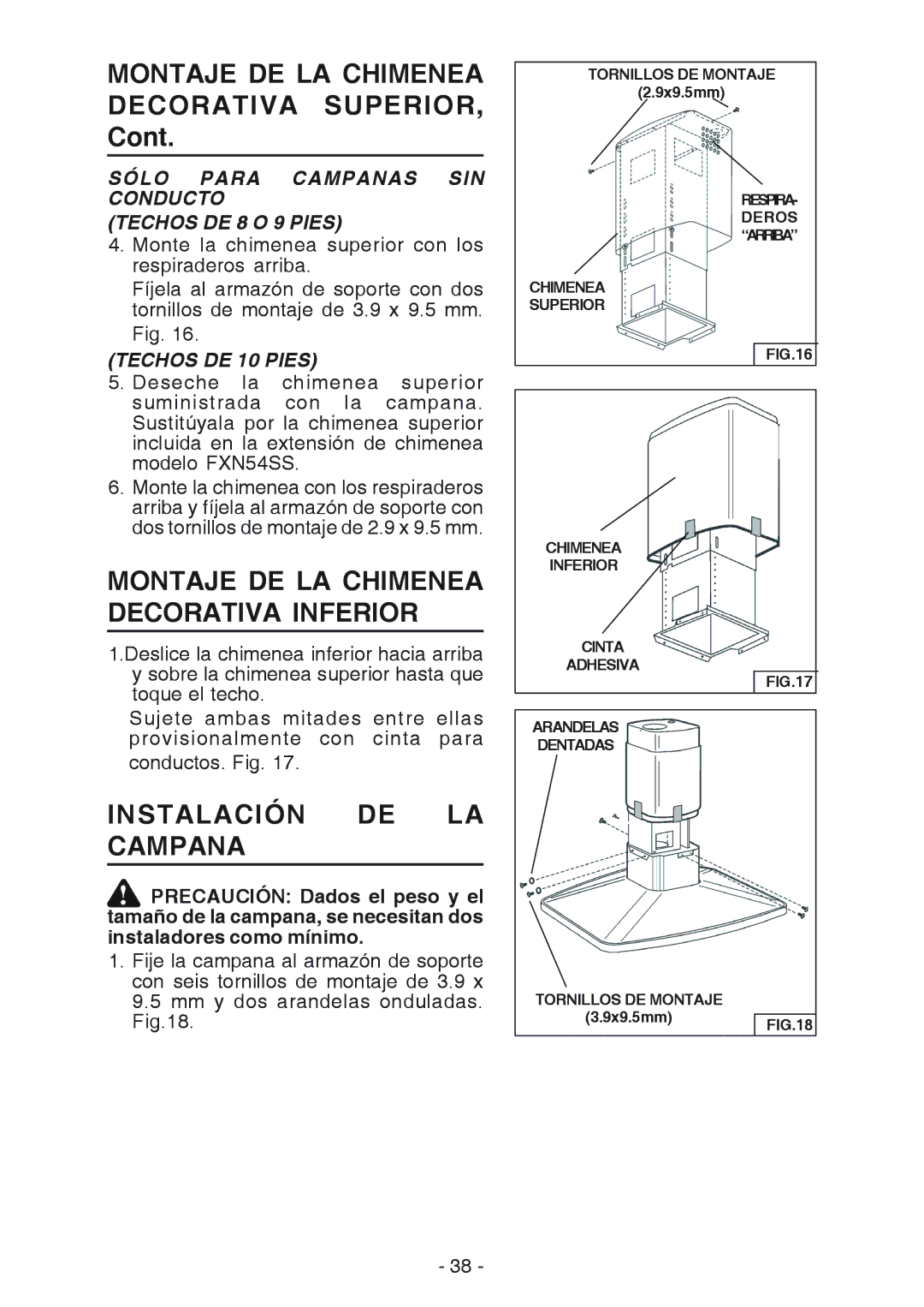 Broan E54000 manual Montaje DE LA Chimenea Decorativa SUPERIOR, Montaje DE LA Chimenea Decorativa Inferior 