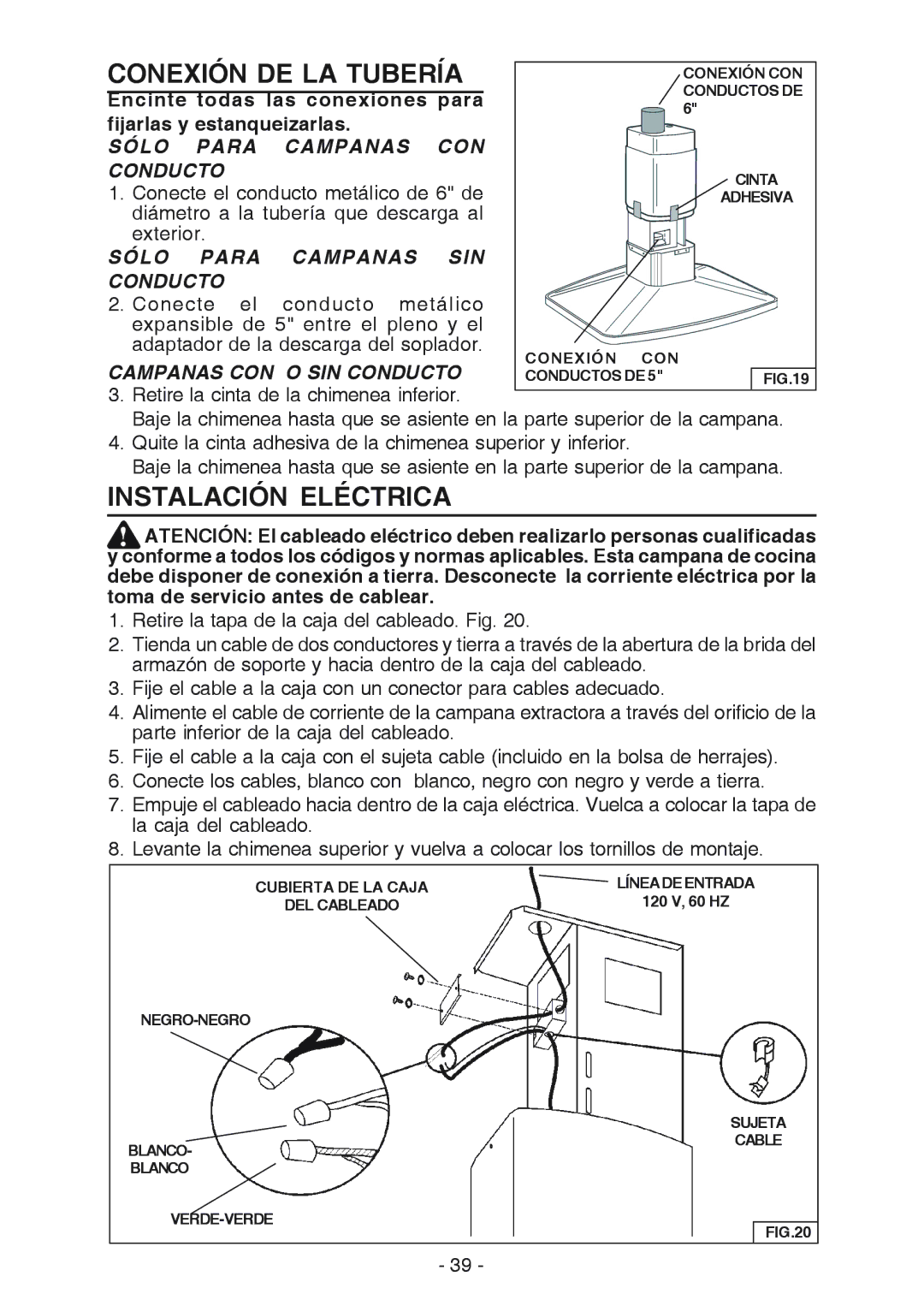 Broan E54000 manual Conexión DE LA Tubería, Instalación Eléctrica 