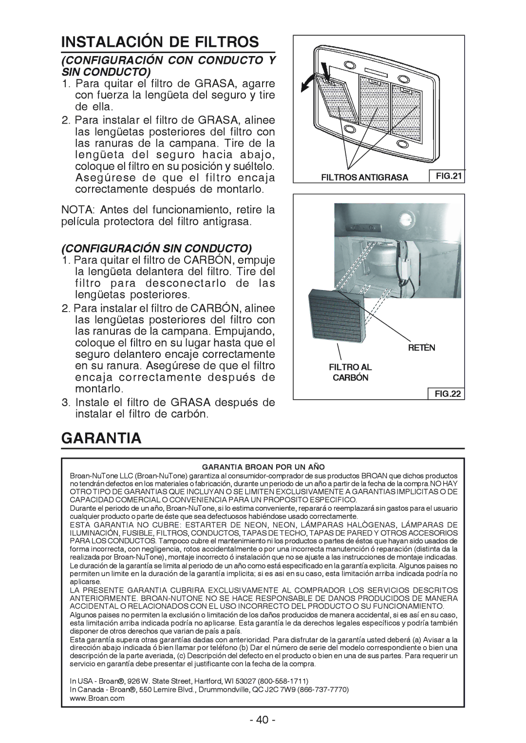 Broan E54000 manual Instalación DE Filtros, Garantia, Configuración CON Conducto Y SIN Conducto, Configuración SIN Conducto 