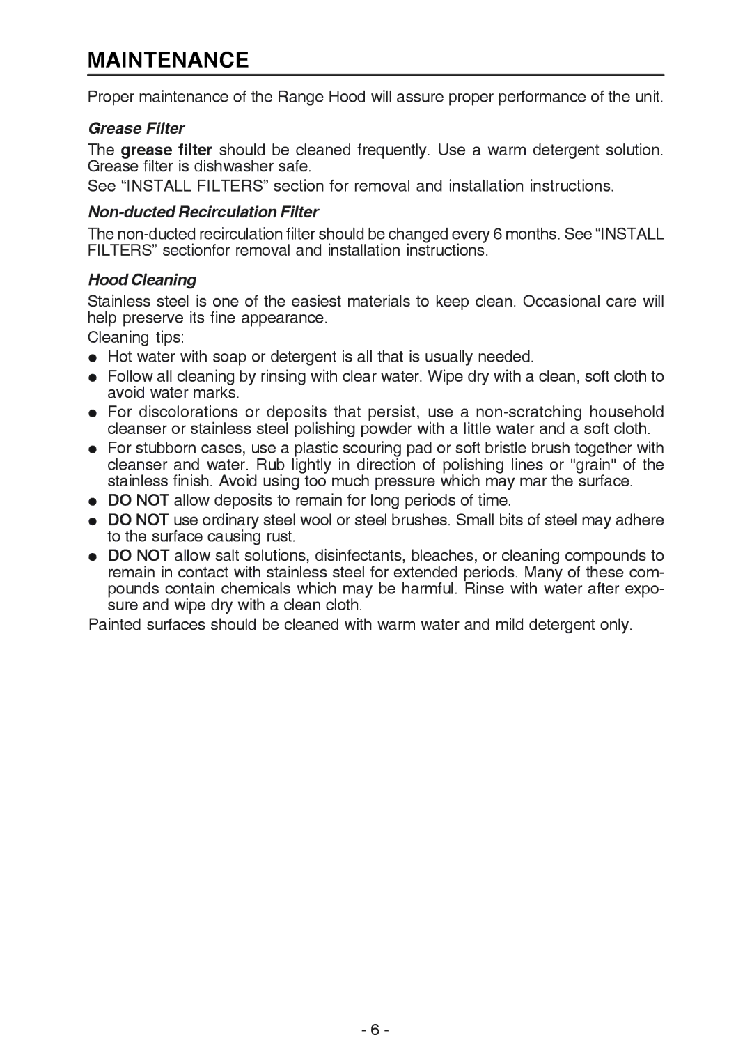 Broan E54000 manual Maintenance, Grease Filter, Non-ducted Recirculation Filter, Hood Cleaning 