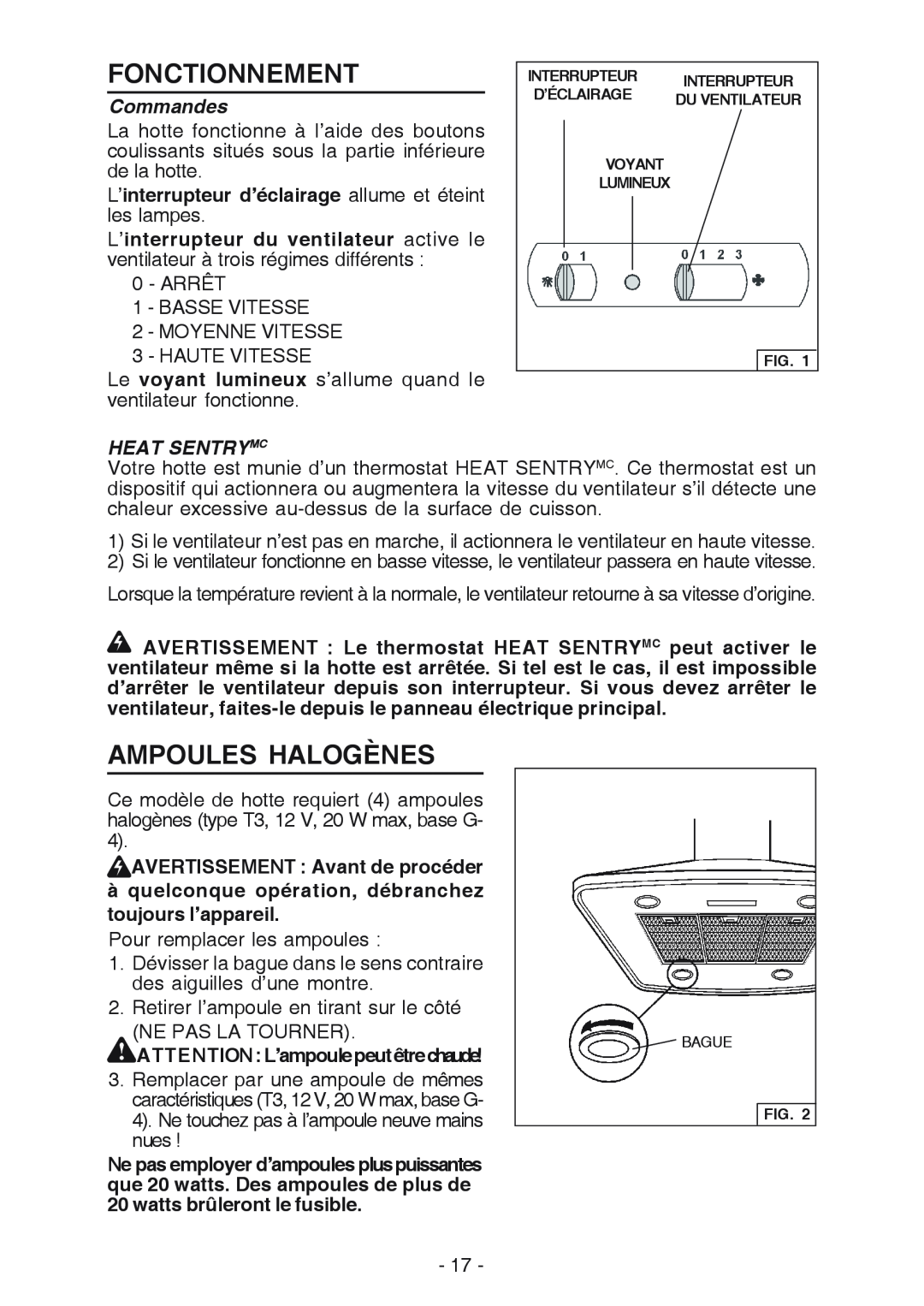 Broan E54000 manual Fonctionnement, Ampoules Halogènes, Commandes, Heat Sentrymc 