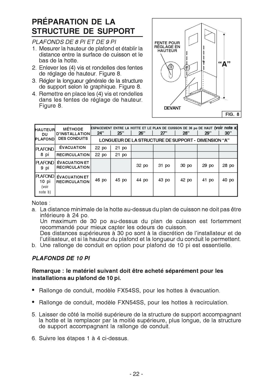 Broan E54000 manual Préparation De La Structure De Support, PLAFONDS DE 8 PI ET DE 9 PI, PLAFONDS DE 10 PI 