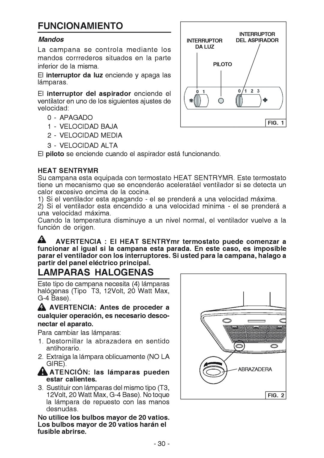 Broan E54000 manual Funcionamiento, Lamparas Halogenas, Mandos 