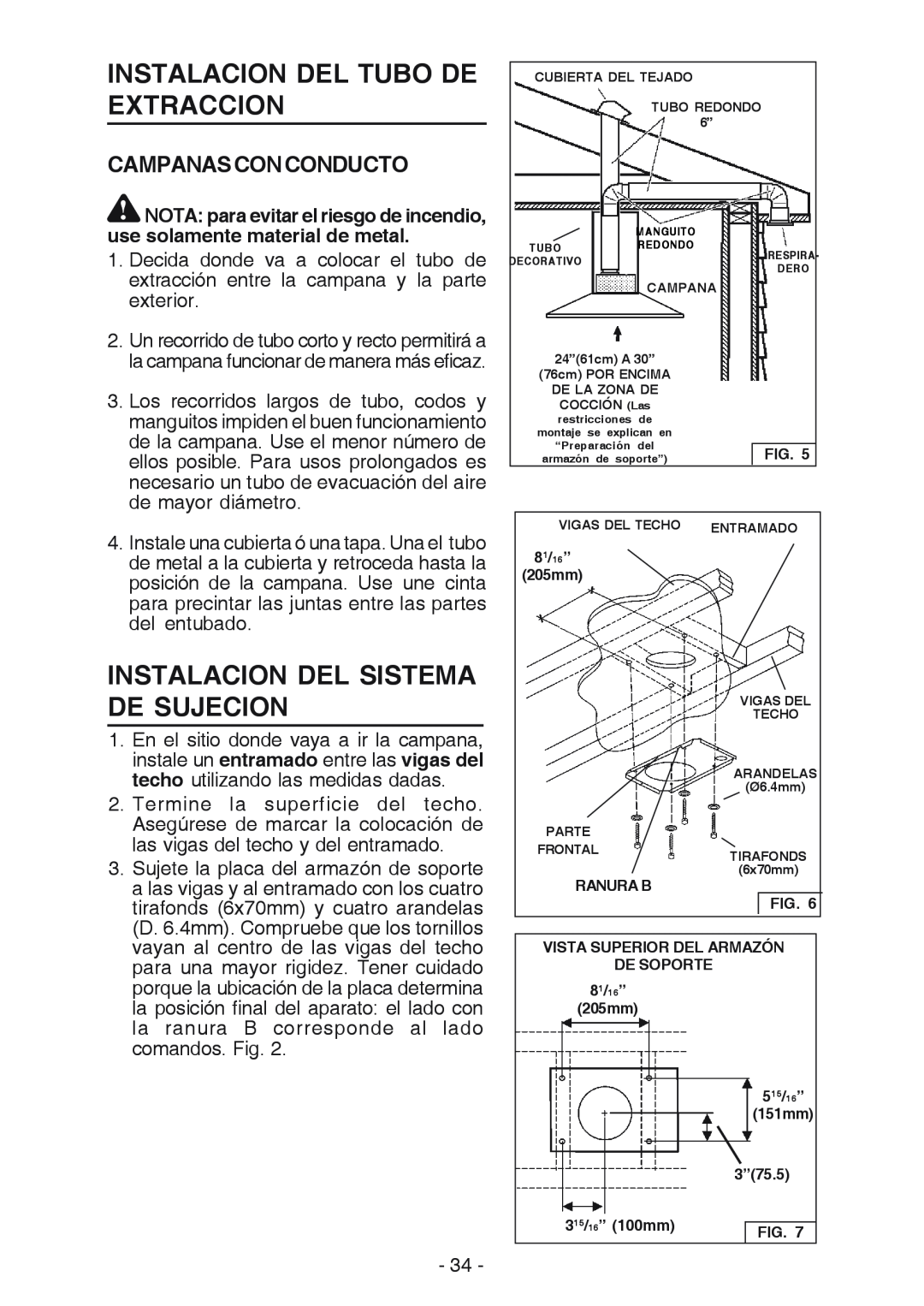 Broan E54000 manual Instalacion Del Tubo De Extraccion, Instalacion Del Sistema De Sujecion, Campanasconconducto 