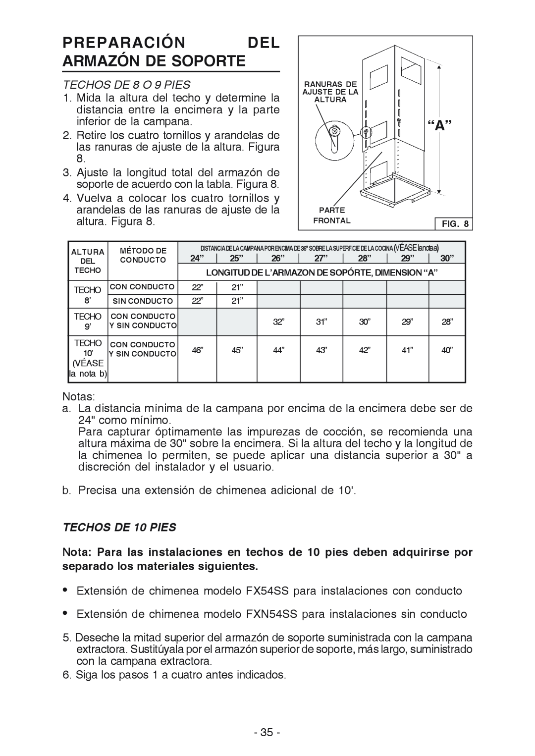 Broan E54000 manual Preparación Del Armazón De Soporte, TECHOS DE 8 O 9 PIES, TECHOS DE 10 PIES 
