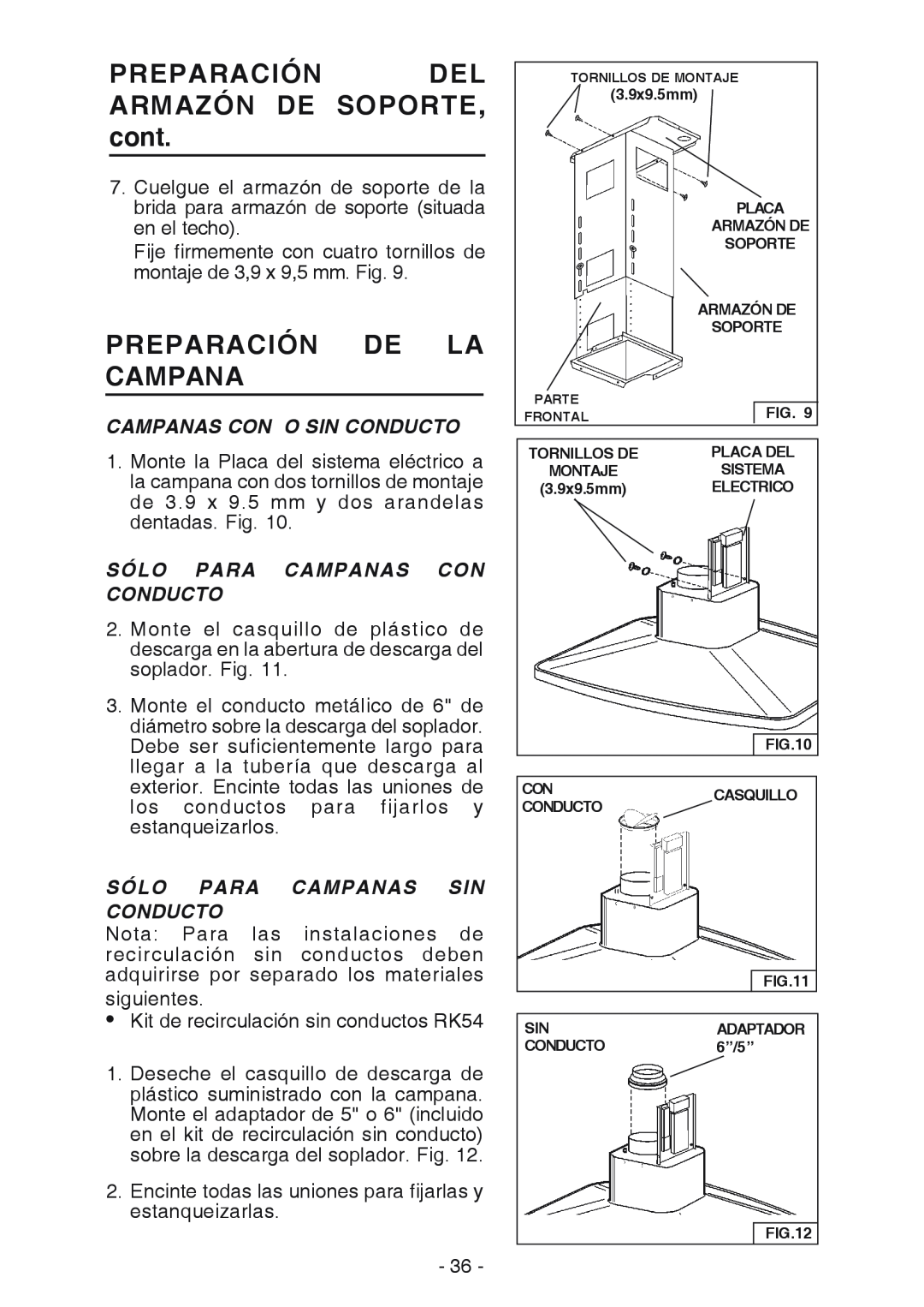 Broan E54000 manual PREPARACIÓN DEL ARMAZÓN DE SOPORTE, cont, Preparación De La Campana, Campanas Con O Sin Conducto 