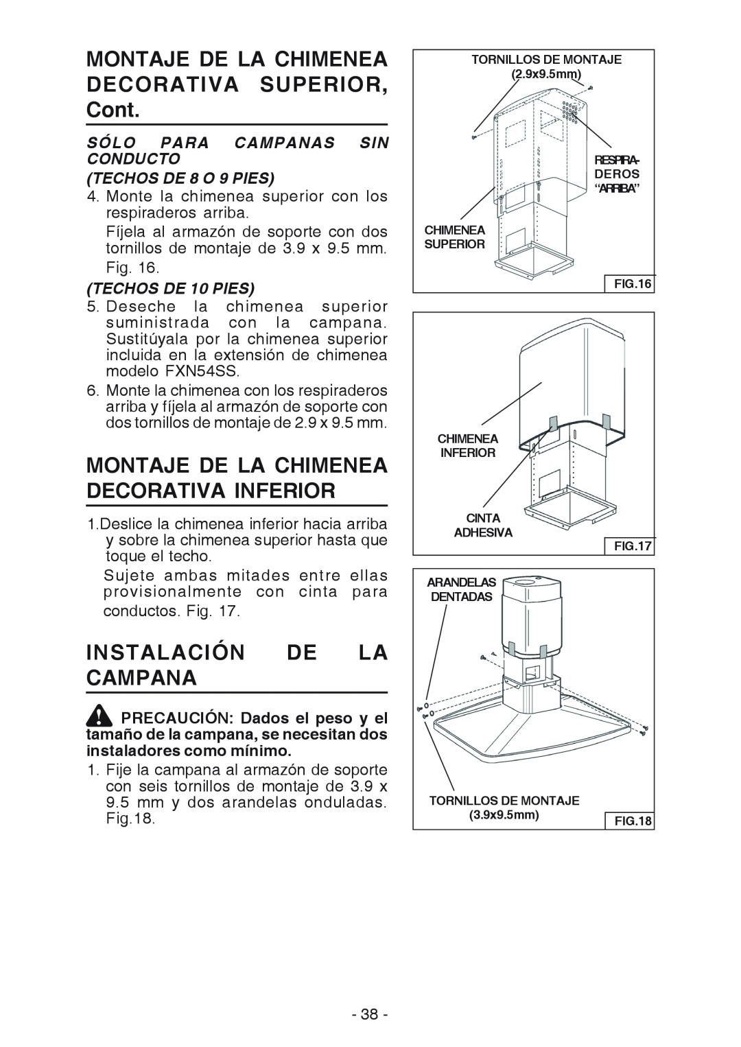 Broan E54000 manual MONTAJE DE LA CHIMENEA DECORATIVA SUPERIOR, Cont, Montaje De La Chimenea Decorativa Inferior 