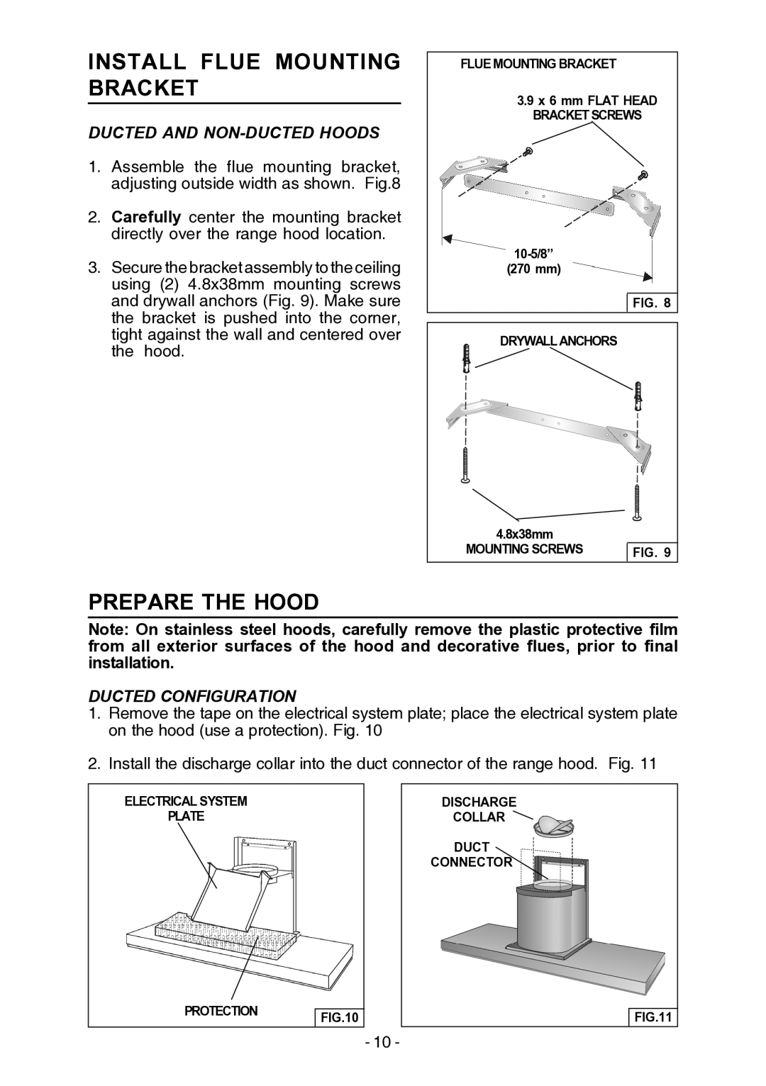 Broan E55000 manual Install Flue Mounting Bracket, Ducted and NON-DUCTED Hoods, Ducted Configuration, Mounting Screws 