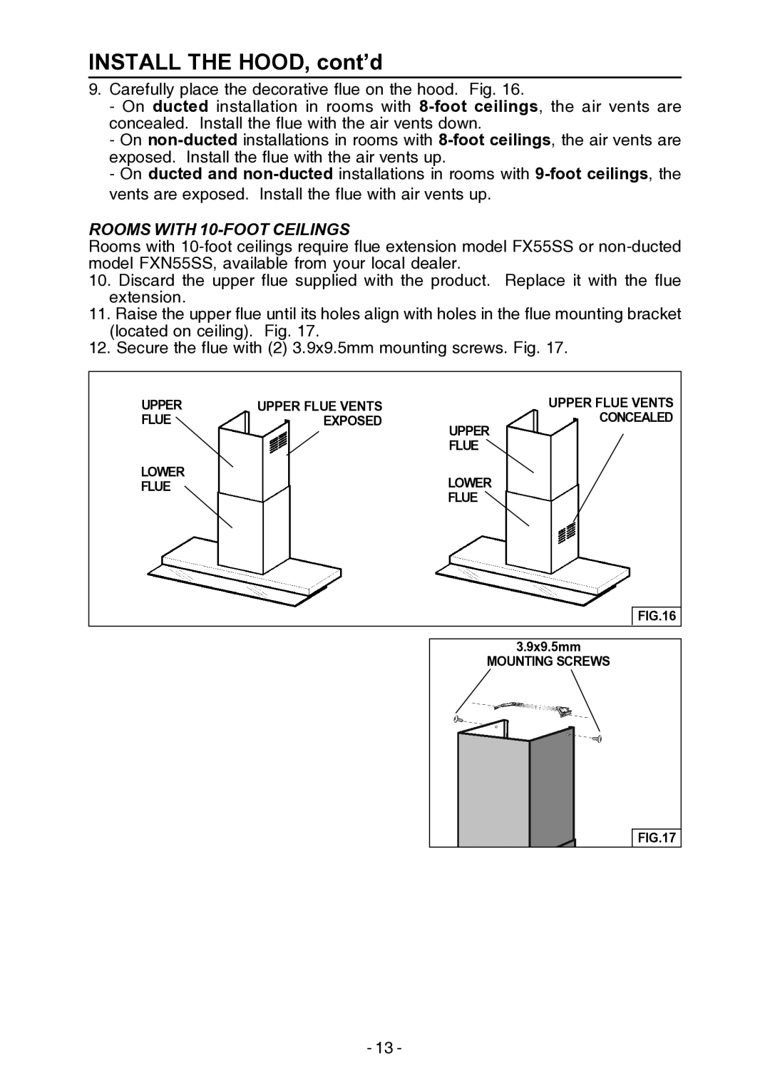 Broan E55000 manual Rooms with 10-FOOT Ceilings, Upper Flue Vents 