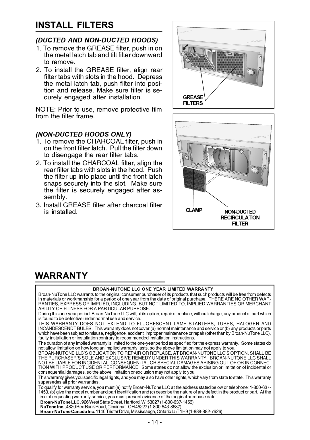 Broan E55000 manual Install Filters, Warranty, NON-DUCTED Hoods only, Clamp NON-DUCTED Recirculation 