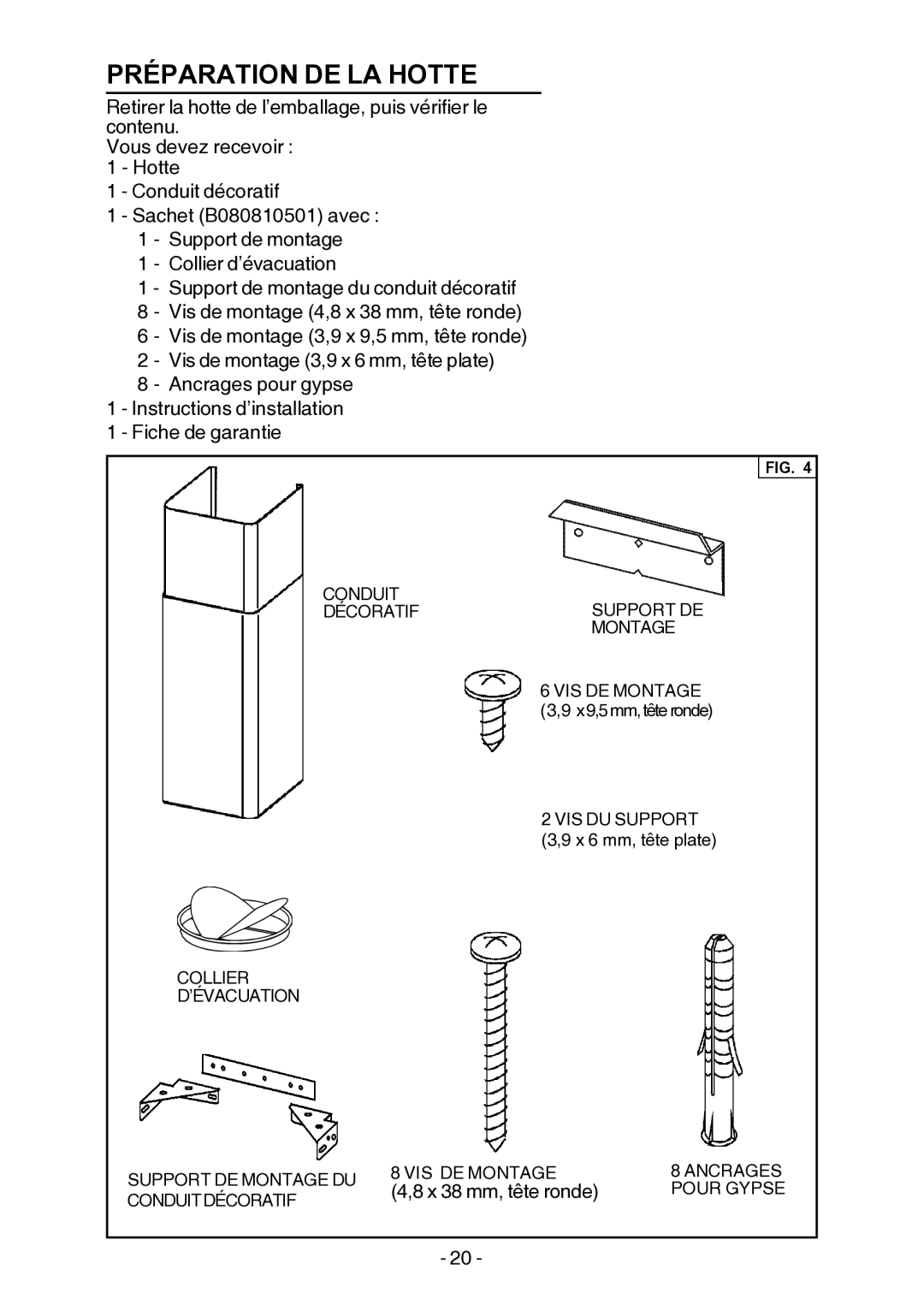 Broan E55000 manual Préparation DE LA Hotte 