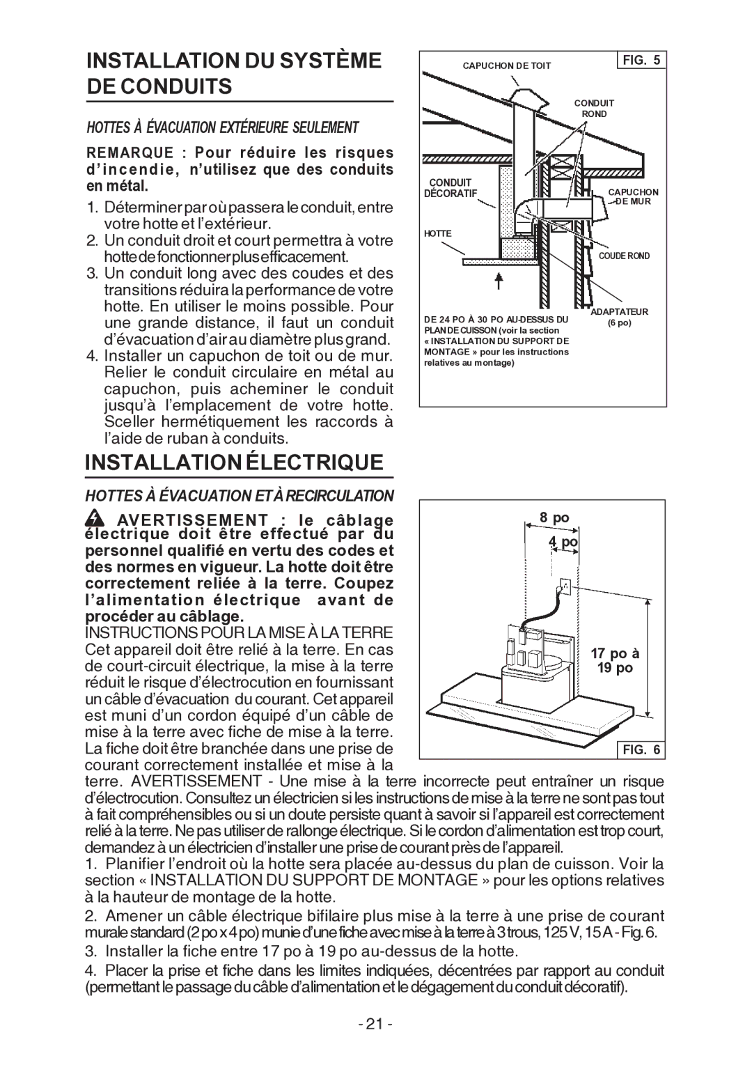 Broan E55000 manual Installation DU Système DE Conduits, Installation Électrique, Conduit Décoratifcapuchon DE MUR 