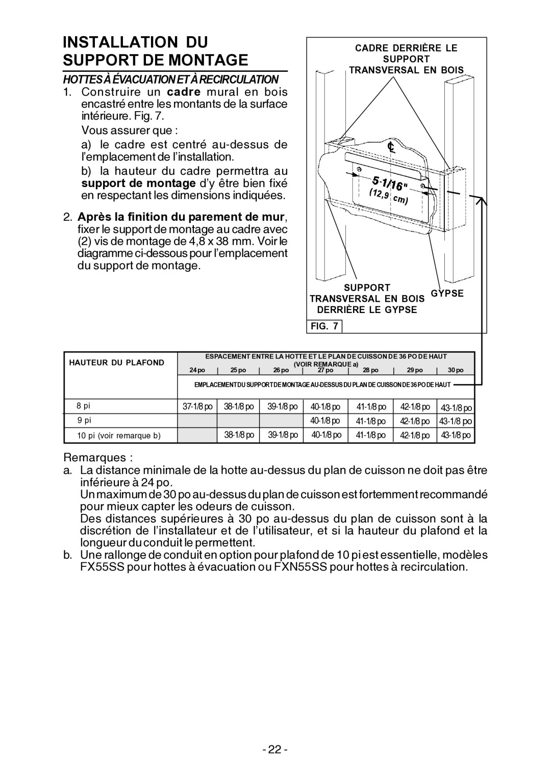 Broan E55000 manual Installation DU Support DE Montage, Hauteur DU Plafond 