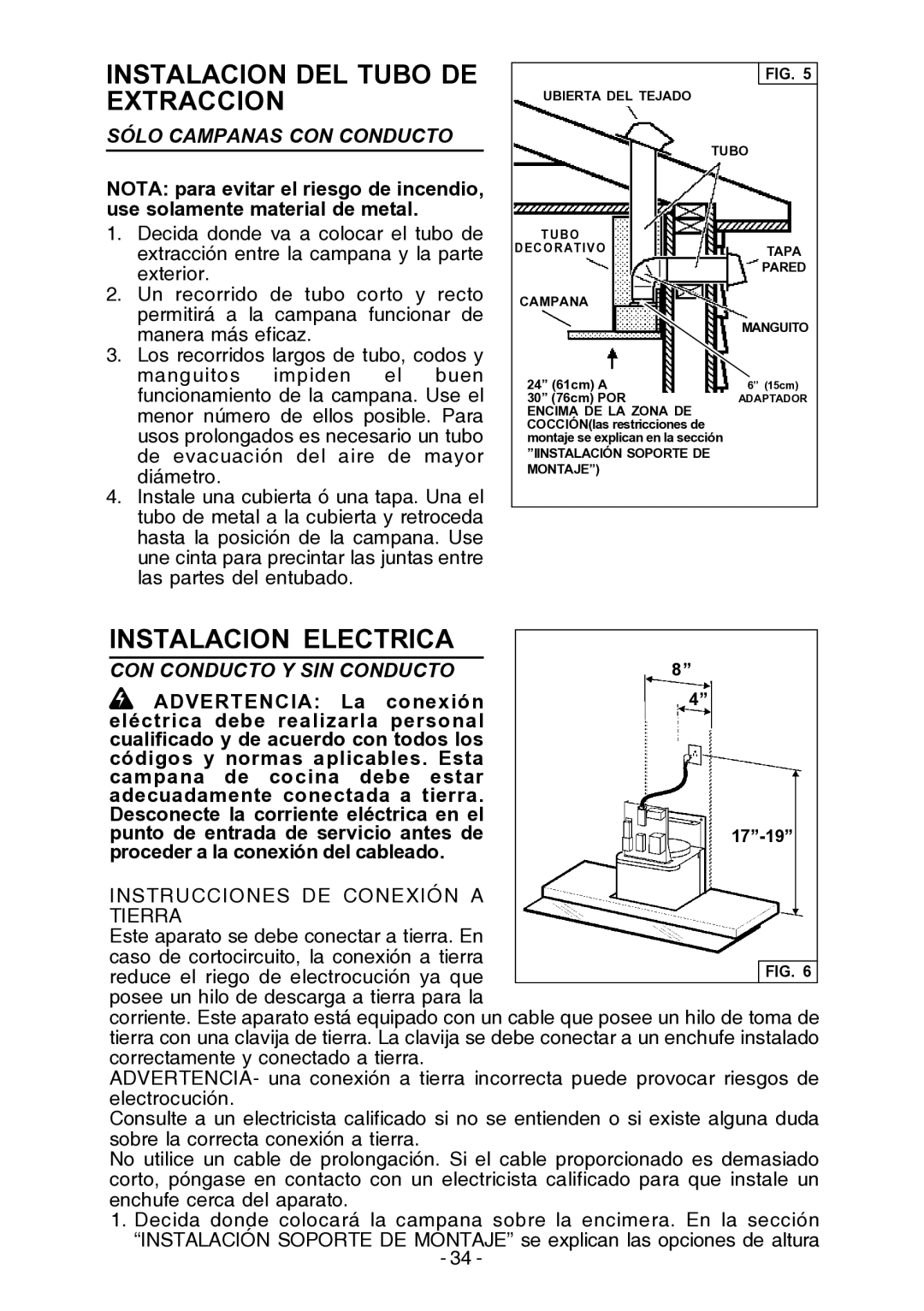 Broan E55000 manual Instalacion DEL Tubo DE Extraccion, Sólo Campanas CON Conducto, CON Conducto Y SIN Conducto 