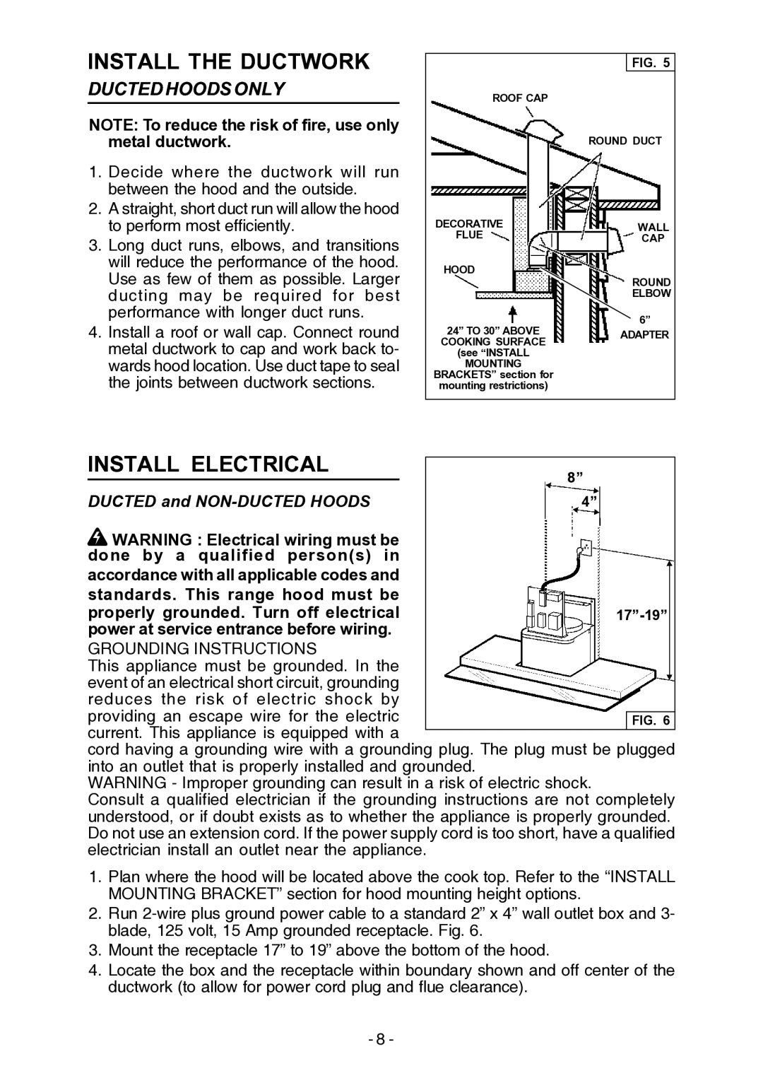 Broan E55000 manual Install the Ductwork, Install Electrical, Ducted and NON-DUCTED Hoods 